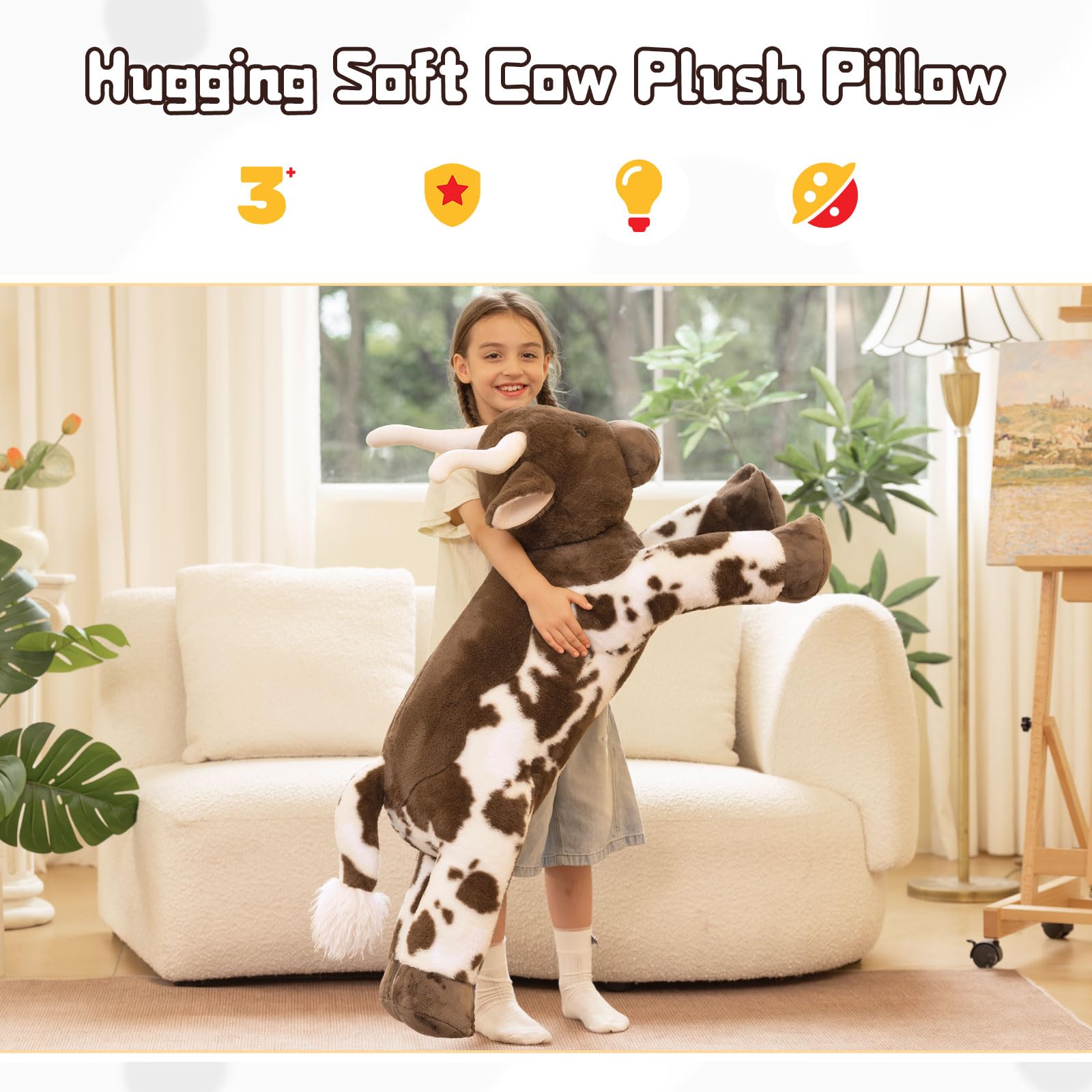 KERTA 43.3 Giant Longhorn Cow Stuffed Animal, Hugging Fluffy Stuffed Cow Plush Body Pillow, Realistic Large Texas Longhorn Bull Farm Plush Toy for Boys Girls 3