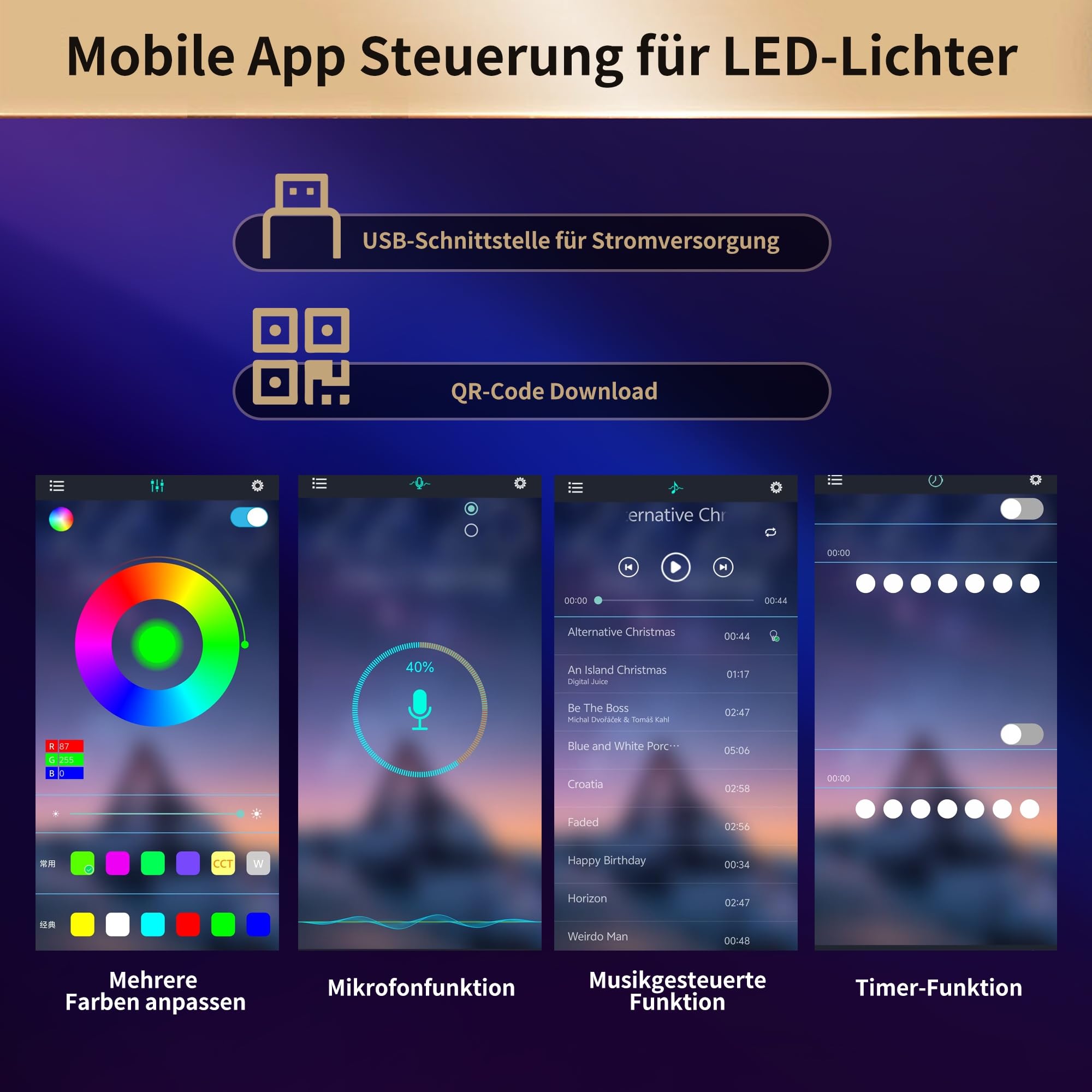 Hochwertiger Hochschrank mit App-Steuerung，115×40×180cm, Wohnzimmerschrank mit 4 Türen & 3 Schubladen, Küchenvitrine mit Musik-Lichtfunktion & Kippschutz, Schwar