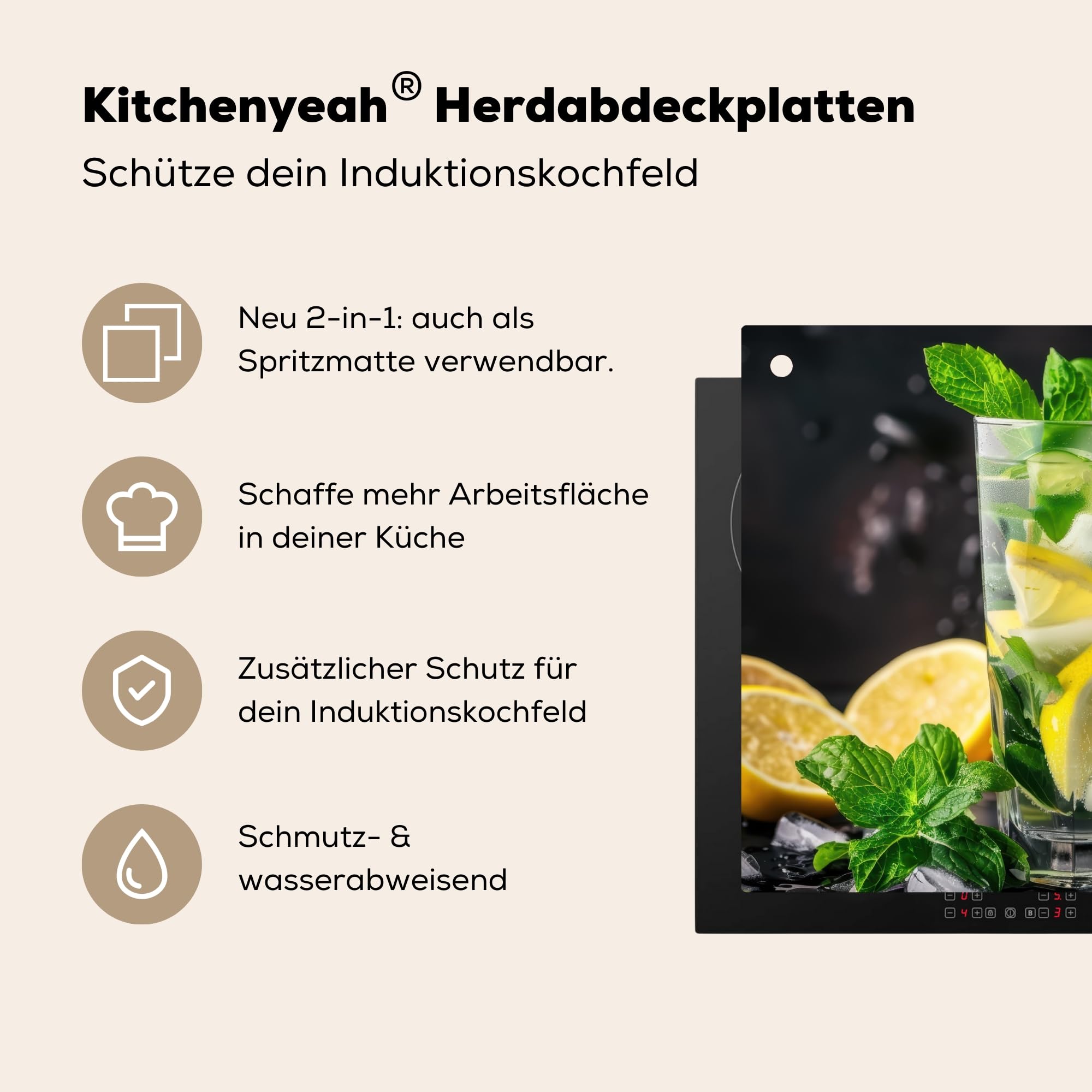 KitchenYeah© Spritzschutz Herd Küchenrückwand Vinyl 60x52 cm Küchen Zubehör Küchenwand, Herdabdeckplatten für Ceranfeld Wasser - Glas - Zitrone - Minze