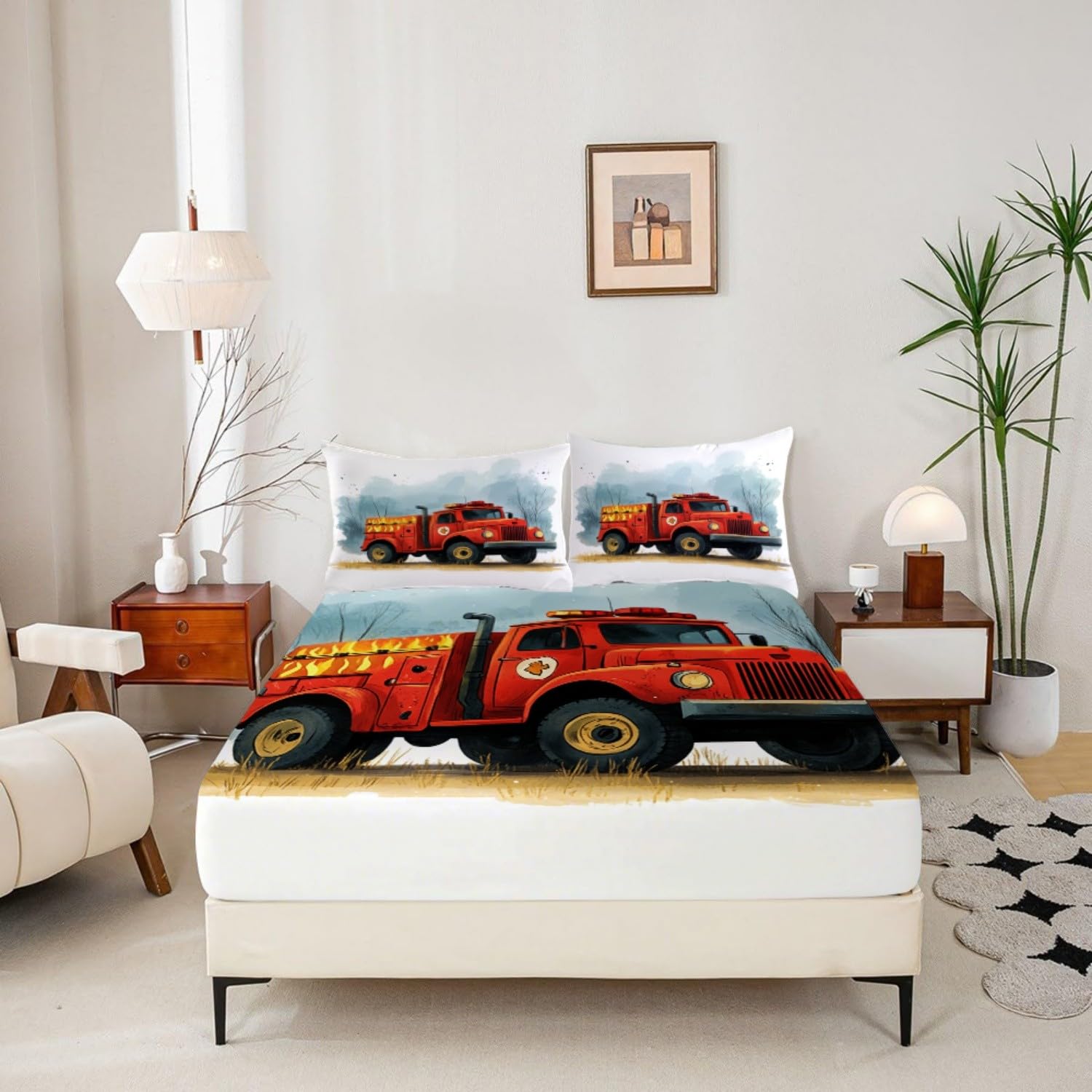 Drap Housse 200x200 cm Grand Bonnet 30 cm - Motif de Camion de Pompiers jungleier Linge de Lit 2 Personnes Doux et Confortable en Microfibre - Lot de 3 Draps Housses Rouge avec 2 Taie d'oreiller