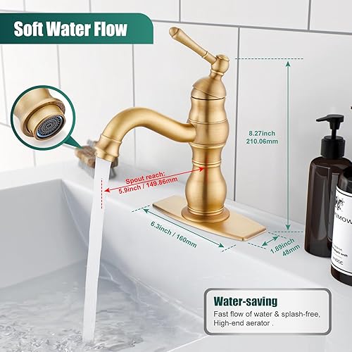 Miniatura 2 de Heyalan Grifo de lavabo de baño de un solo agujero, 1 mango, montaje en cubierta, de latón, grifo mezclador de baño con drenaje, alcance de boquilla