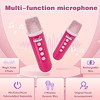 Vista 4 de Mini máquina de karaoke para niños y niñas, micrófono para niños, altavoces Bluetooth portátiles con 2 juguetes de micrófono inalámbrico para niñas