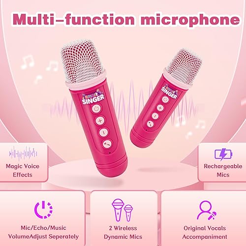 Miniatura 4 de Mini máquina de karaoke para niños y niñas, micrófono para niños, altavoces Bluetooth portátiles con 2 juguetes de micrófono inalámbrico para niñas