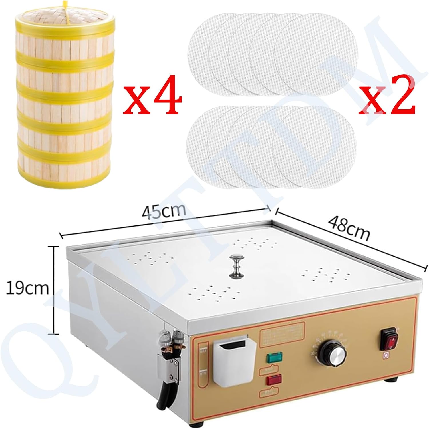 Commercial Electric Dim Sum Steamer, 4 hole Steamed Bun Machine, With4* 5 Layer Cage with 1 Cover, Silicone Pad*20, 30-110℃ Temperature Adjustment, Water Shortage Alarm And Independent Water Supply
