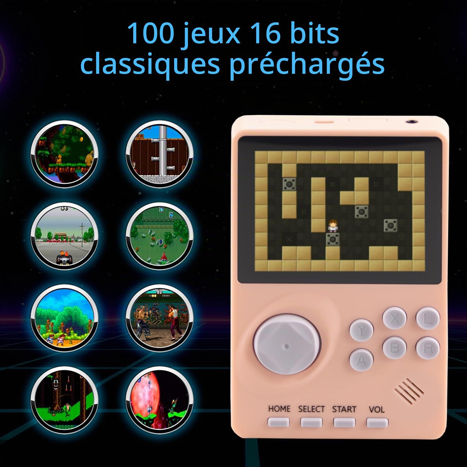 Console de jeu vidéo portable pour enfants avec 100 jeux 16 bits intégrée, console de jeu rétro portable, console de jeu portable, écran couleur de 7,1 cm, batterie rechargeable, console de jeu