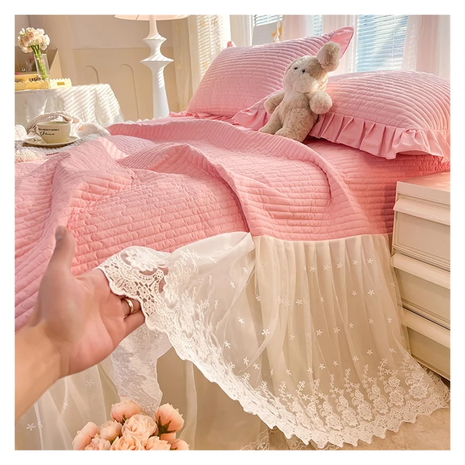 Quilted Cotton Flowers Lace Bed Skirt, Bedspread, Bed Sheet, Bed Cover, Pillowcases, 2/3Pcs Wedding Bedding Set(3,180X220cm 3pcs)