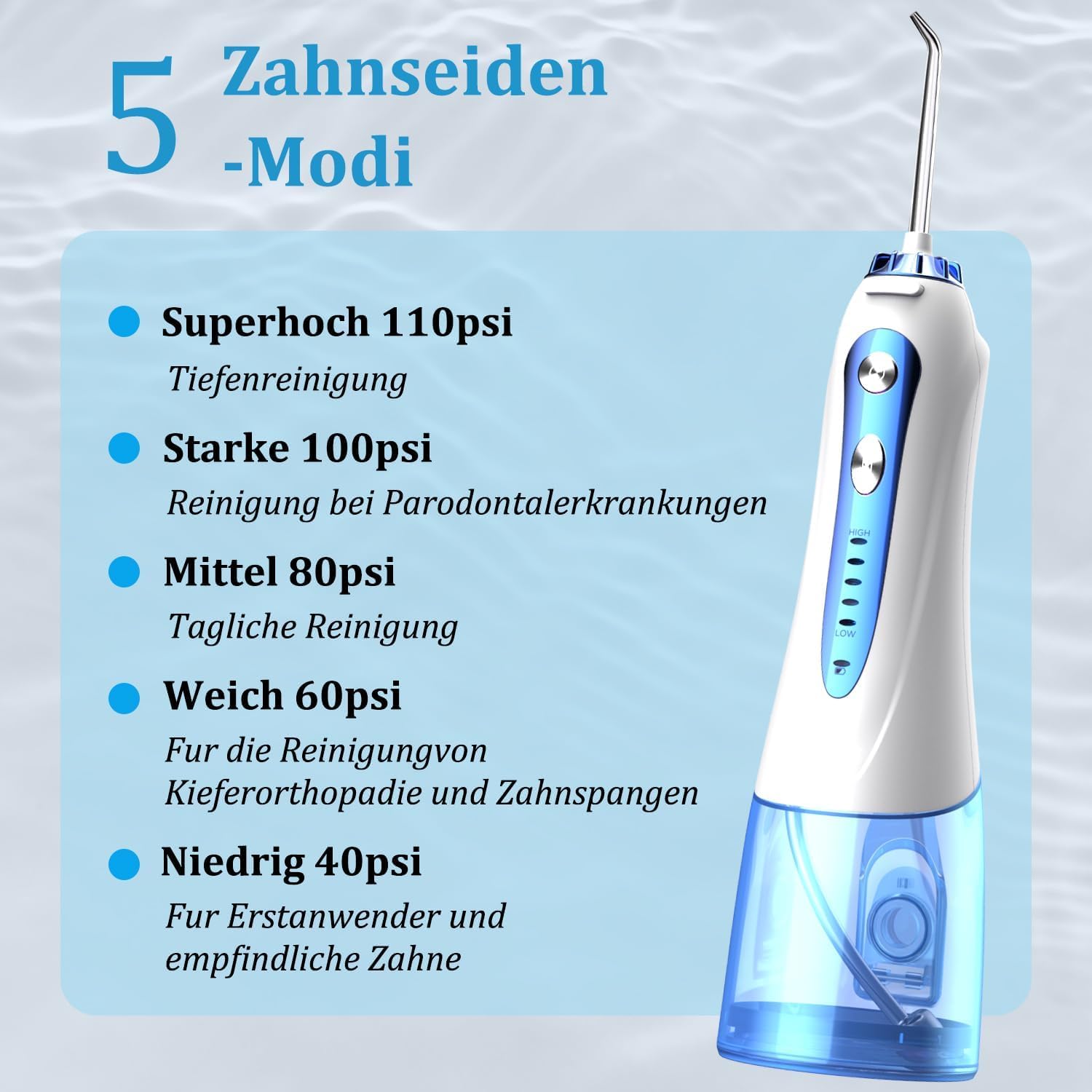 Irrigatore orale senza fili, 300 ml, risciacquo da viaggio, 5 modalità e 5 ugelli, irrigatore orale elettrico, IPX7, impermeabile, ricarica USB (blu/bianco)