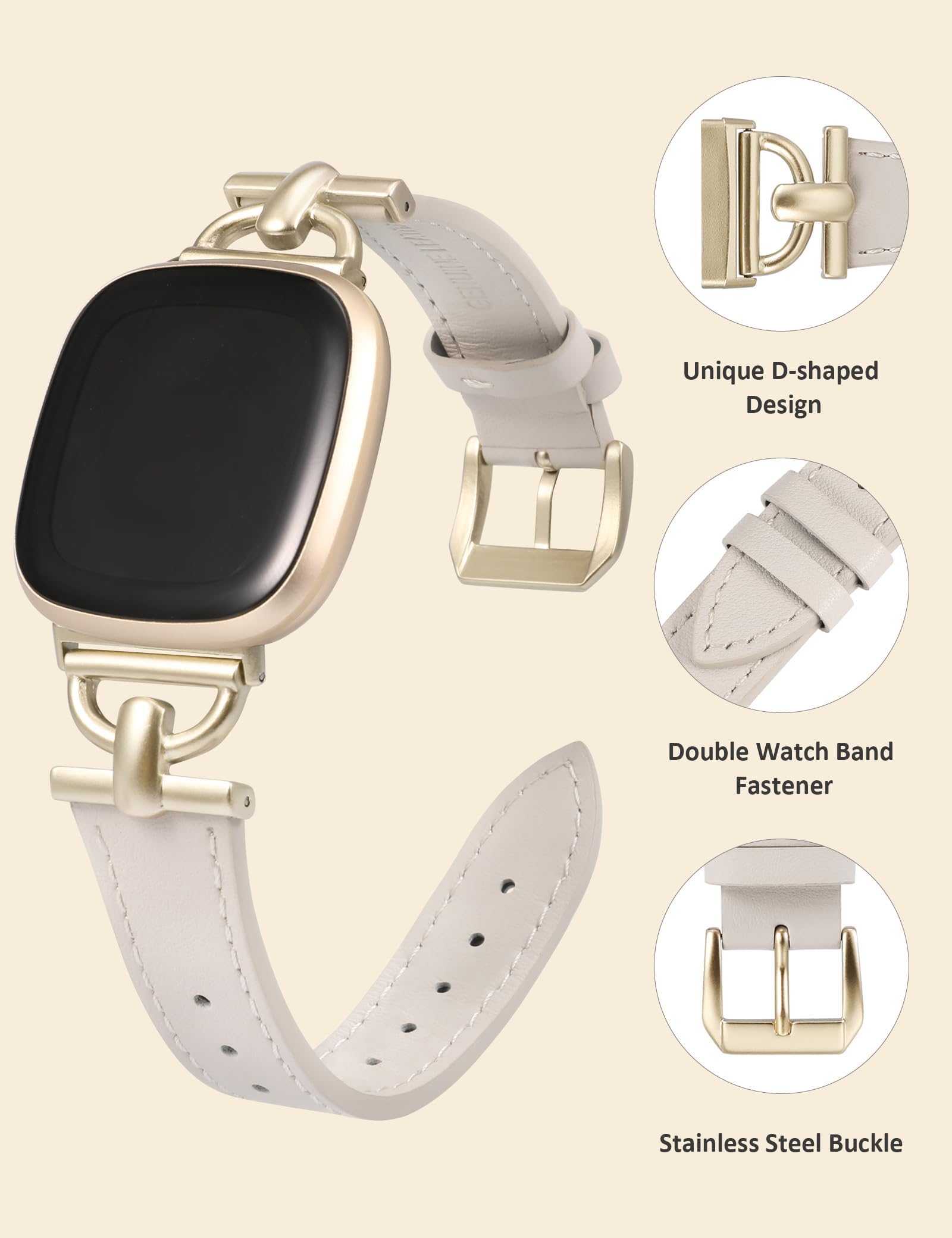 Wearlizer Pulsera de piel compatible con Fitbit Versa 4/Versa 3/Sense 2/1 pulseras para mujer, correa de cuero Dressy con hebilla de metal en forma de D para reloj inteligente Versa 3/Sense