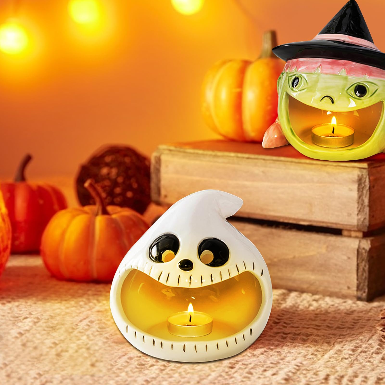 Garneck 2 Stück Geister-Kerzenhalter Aus Keramik – Weiß, Für Teelichter, Halloween-Deko Für Party & Zuhause
