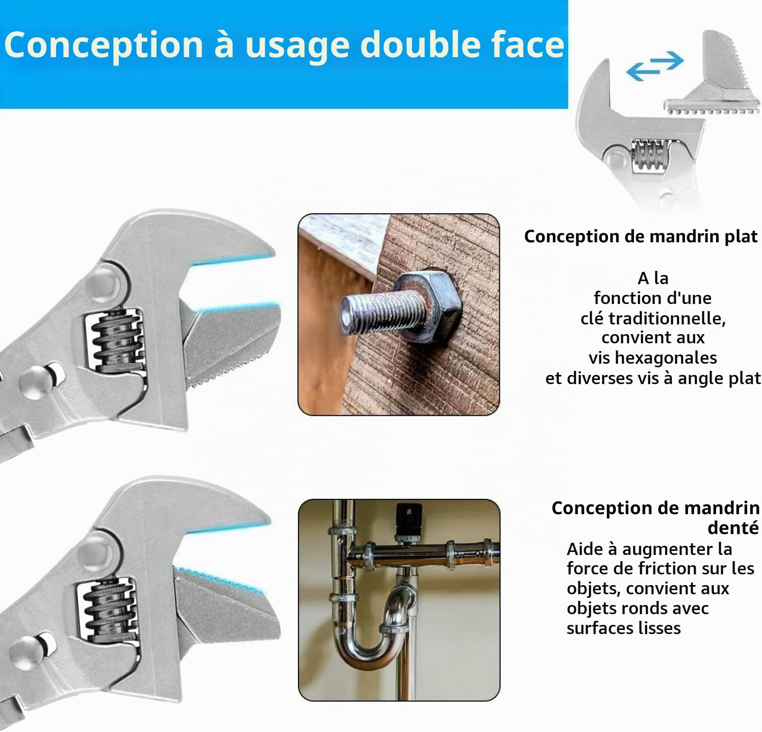 Flexhead Clé à cliquet réglable de 10 à 12 pouces avec tige d'extension rétractable et clé réglable à tête pivotante de 180 °