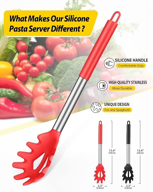 Silicone Pasta Fork, Kitchen Noodle Spoon Server, 2 Pack, Black-Red by BUNDLEPRO - Used condition - Image 2