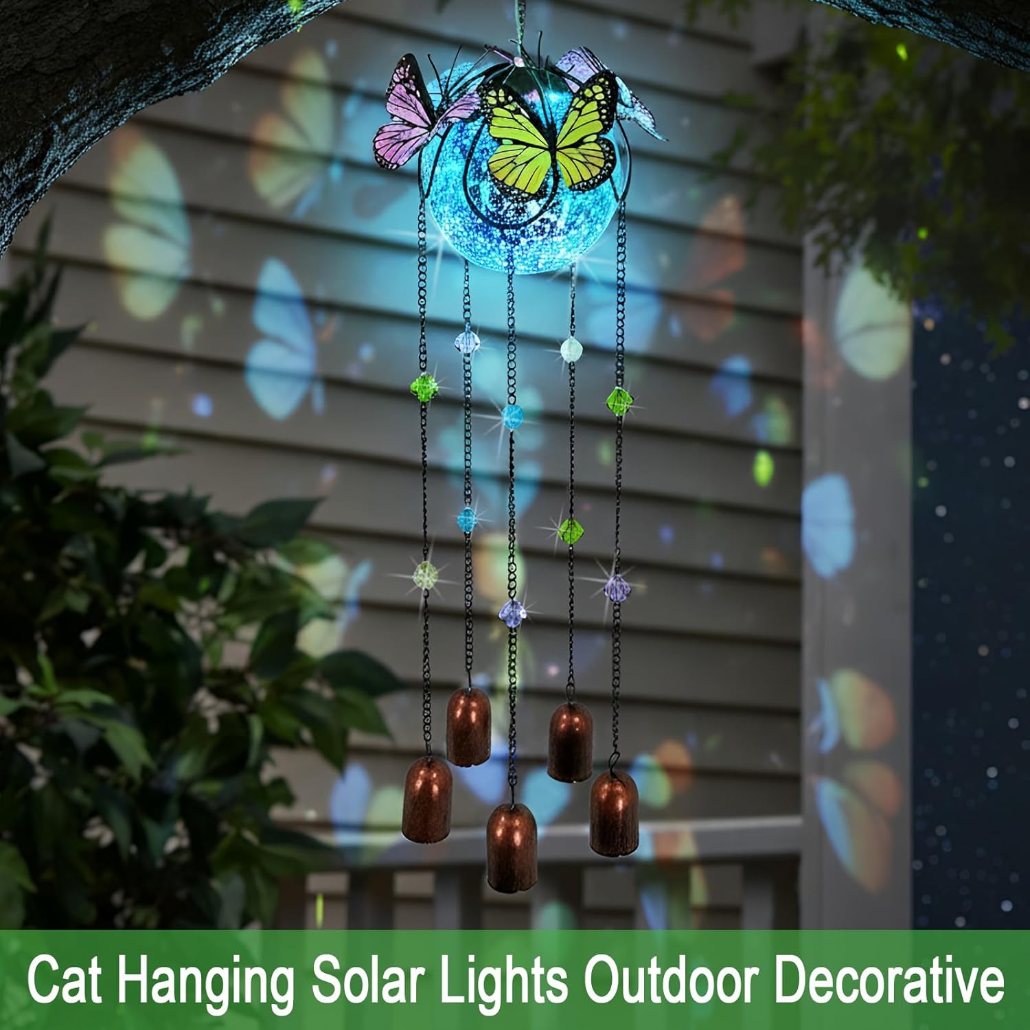 Butterfly Wind Chimes for Outside,Plastic Ball Dangle Solar Lights Outdoor,Waterproof Hanging Yard Decorations for Garden,Patio,Porch