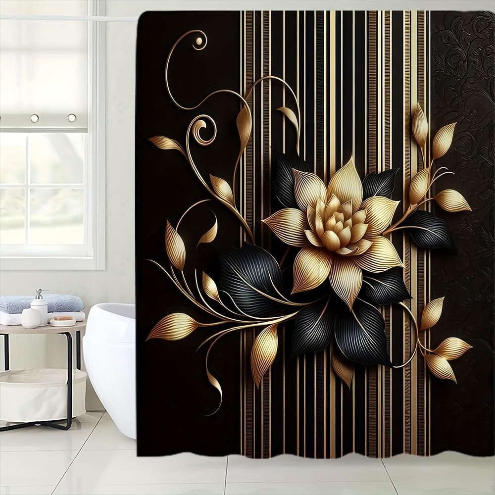 GLWDMB 1 Piece 150x180CM Golden Flower Pattern Printed Shower Curtain With Hook, Polyester Fabric, For Windows And Walls, Bathtub, Bathroom, Machine Washable, All Season Universal
