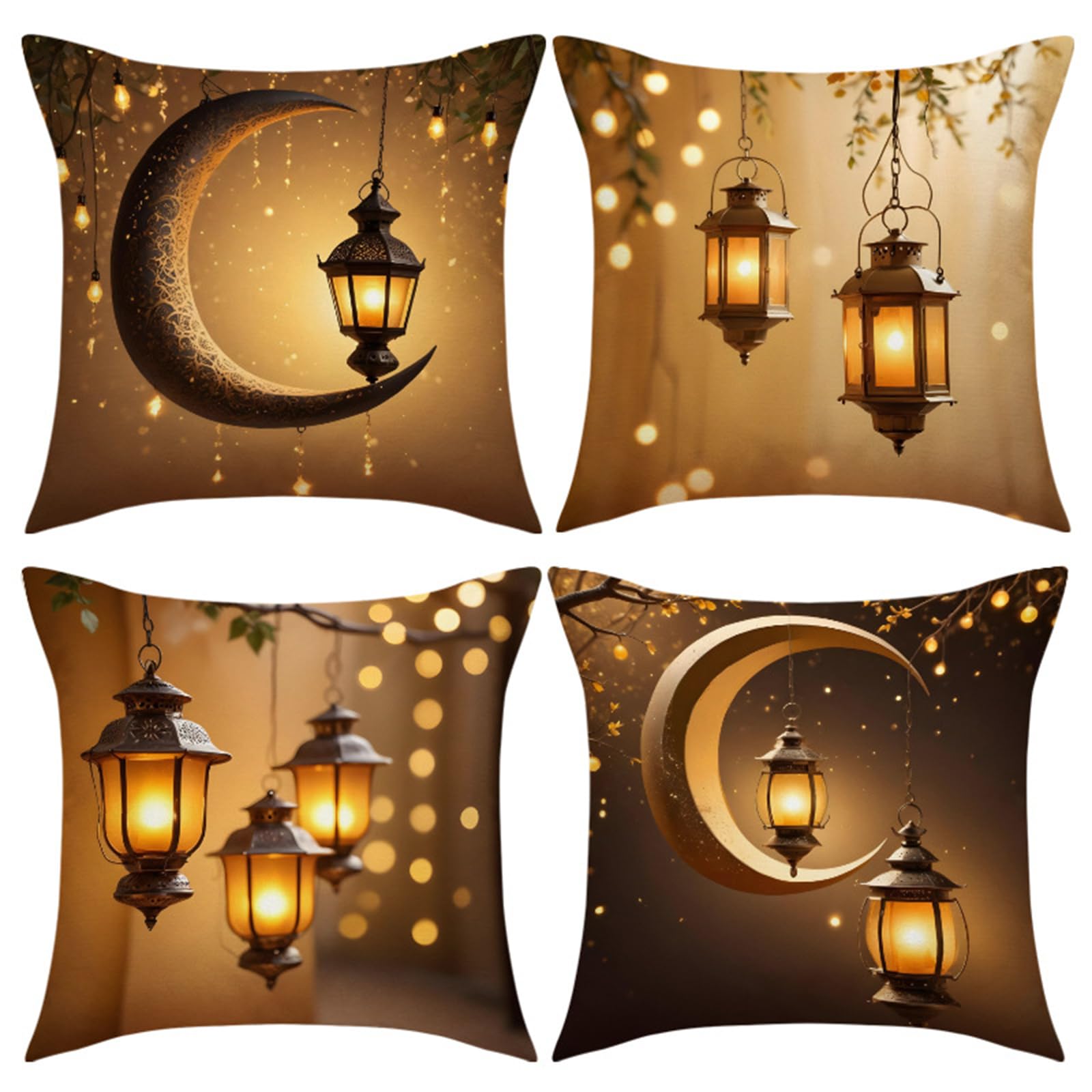 CAKEEYUM 4Pcs Ramadan Pillow Covers Decorative Linen Pillow Covers 18x18 Ramadan Mubarak Cushion Case for Home Couch Sofa Bedroom, Decorations for Home, 18x18