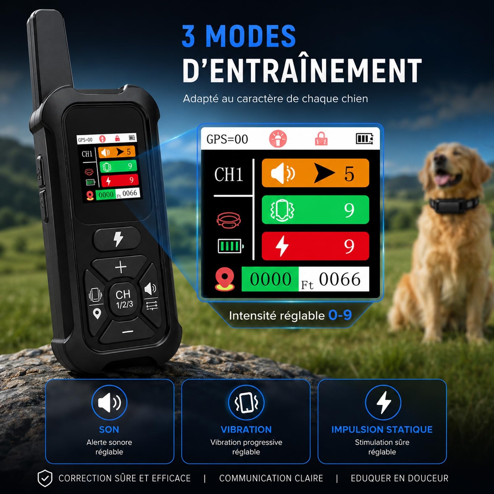 Collier Anti Fugue pour Chien, Clôture GPS Intelligente, 3 Modes d'Entraînement, Portée 2000 m, Nylon Réfléchissant