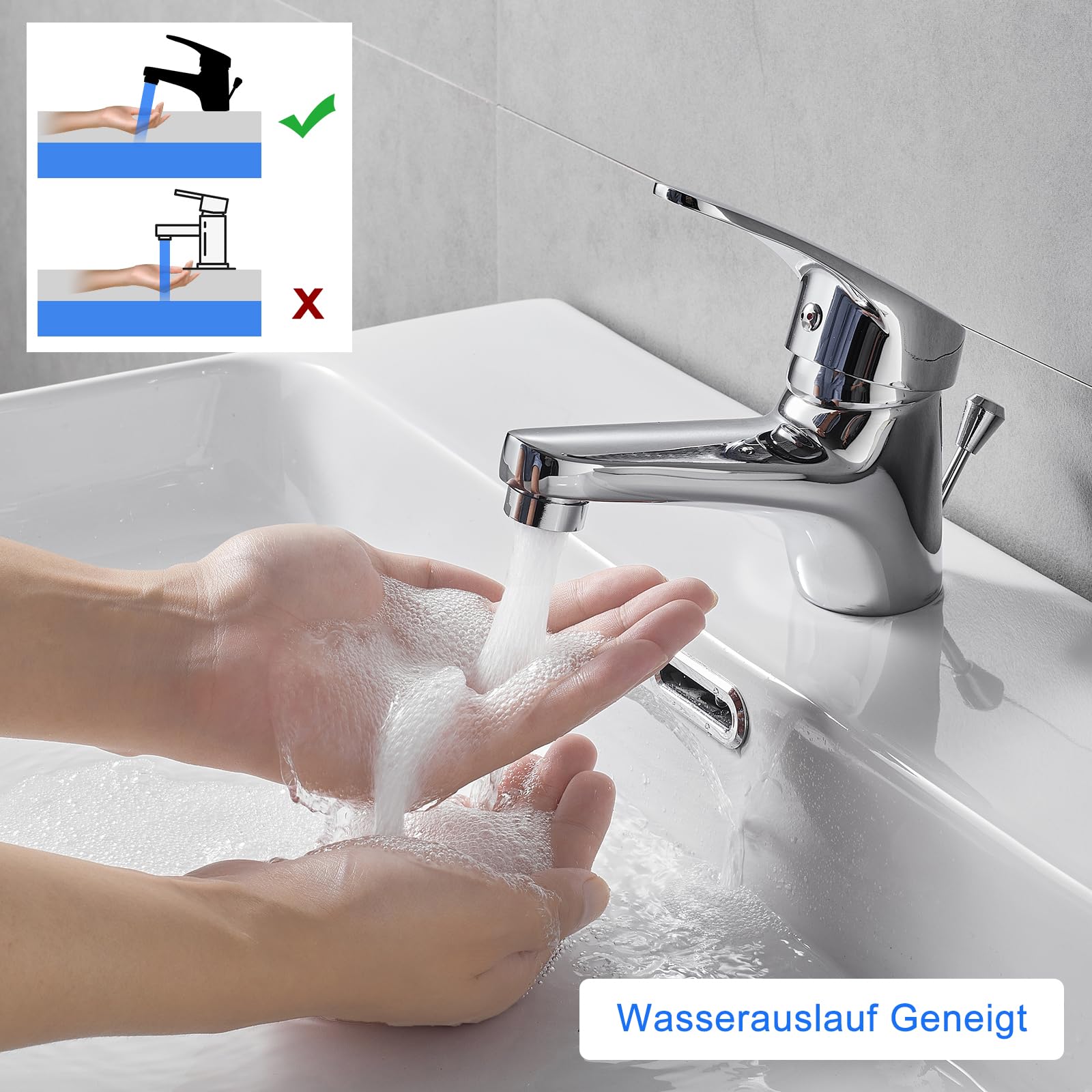 Wasserhahn Bad, Waschtischarmatur Einhebelmischer, Mischbatterie mit Zugstange Keine Schmutzigen Hände Niedriger Auslauf Badarmatur für Badezimmer, Armatur Waschbecken mit Ablaufgarnitur Chrom