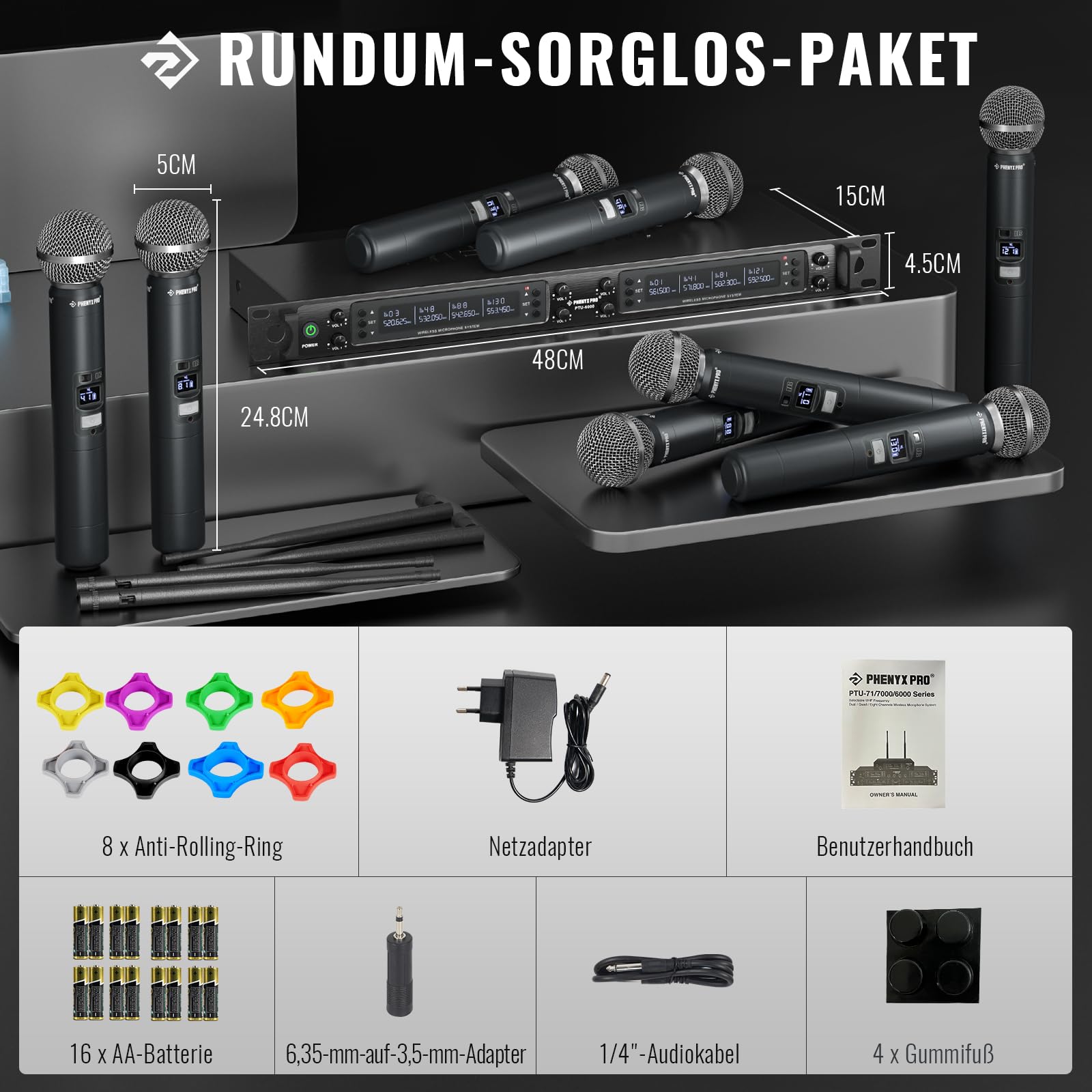 Phenyx Pro 8-Kanal UHF Auto Scan Funkmikrofon-System PTU-6000-8H | 8 dynamische Handmikros, 8 x 40 Frequenzen, 328 ft Reichweite, Live-Gesang, Gottesdienste, Karaoke-Events