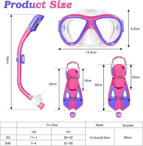 Miniatura 2 de Snorkeling Gear for Kids Ages 5-15, 4 in 1 Mask Fins Snorkel Set with HD Tempered Glass Panoramic View Anti-Fog Mask, Dry Top Snorkel, Adjustable