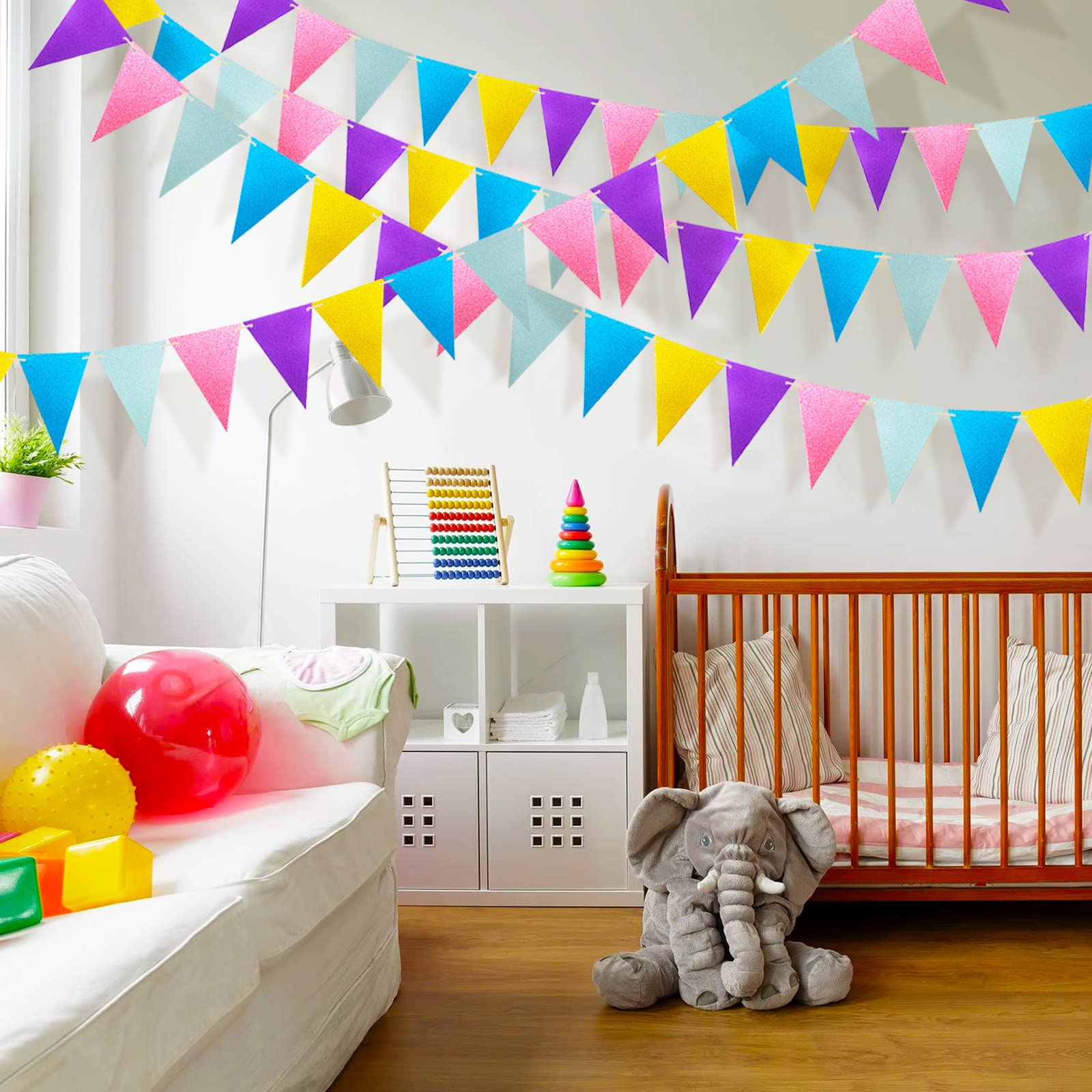 Bunte Papierfächer-Deko & Glitzernde Dreiecksflaggen – Für Geburtstag, Abschluss & Brautdusche