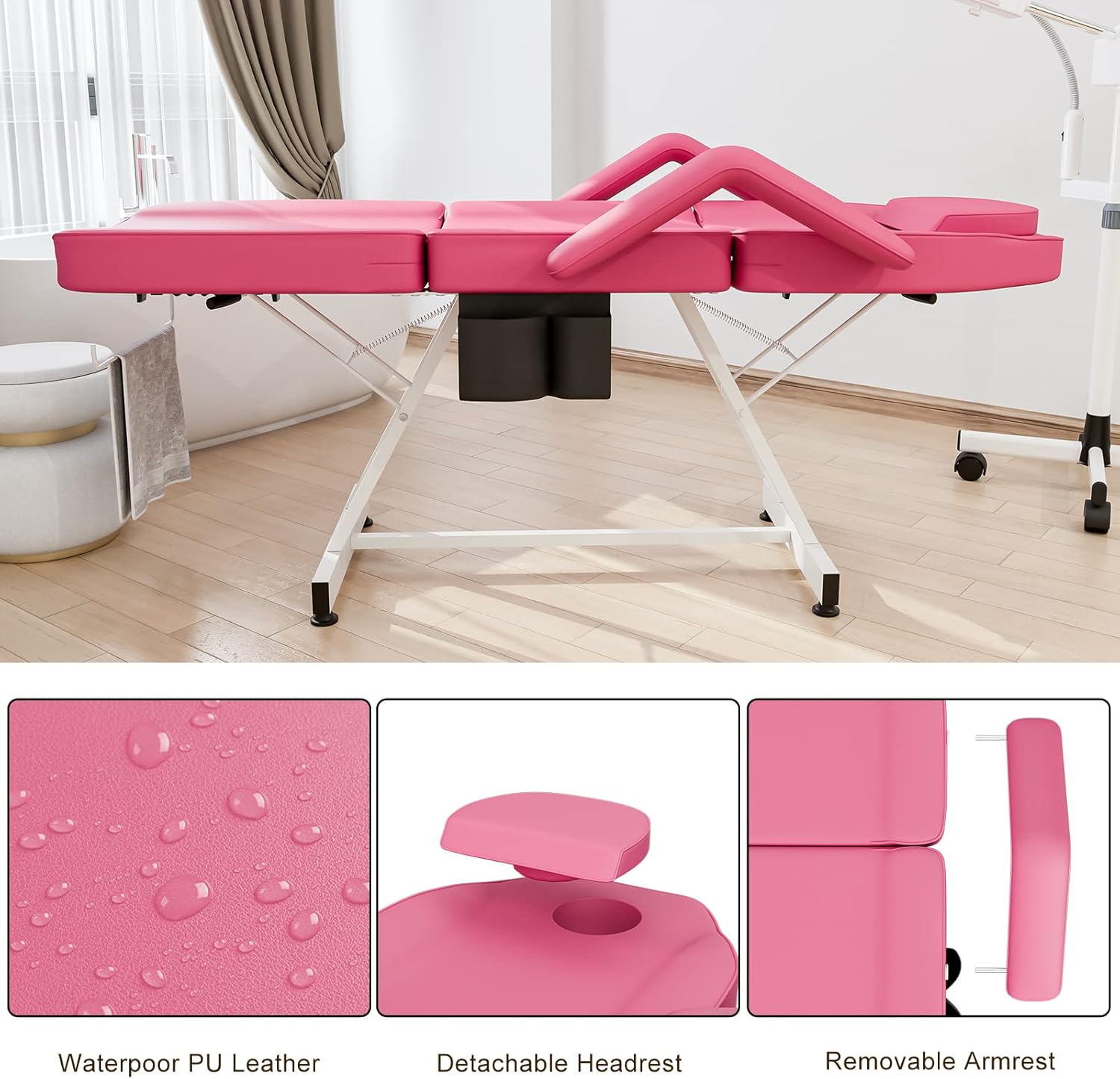 Paddie Professional Tattoo Chair Esthetician Bed Facial Table with Storage Pocket and Towel Hook for Client, Peach Pink : Beauty & Personal Care