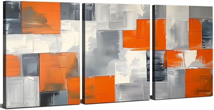 Abstract Wall Art Orange Wall Decor Modern Burnt Orange Gray Canvas Prints Graffiti Geometric Texture Paintings Modern Gray and White Artwork for Living Room Bedroom Office Home Decoration 12x16" 3Pcs