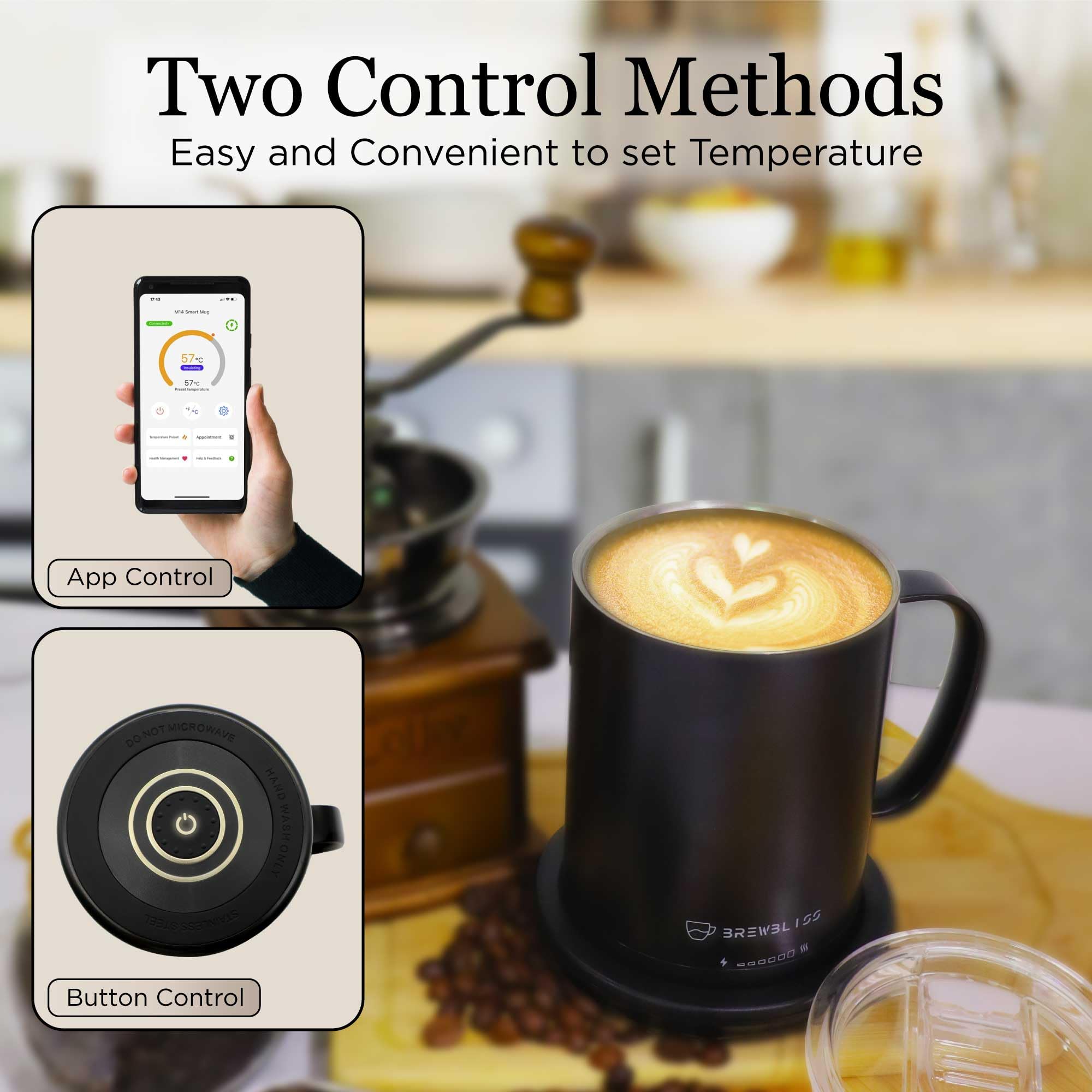 Brewbliss - Taza inteligente de control de temperatura, 14 onzas, taza de café con calefacción automática y controlada por aplicación con duración de la batería de 80 minutos, calentador de taza con 3