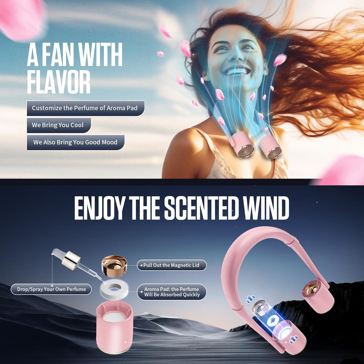 Aroma Neck Fan Waist - Personal Portable 4000mAh USB-C Recargable Battery Powered Clip on Pocket Fans Cooling Gift for Men & Women, 3 Speeds Adjustable (2, Pink)