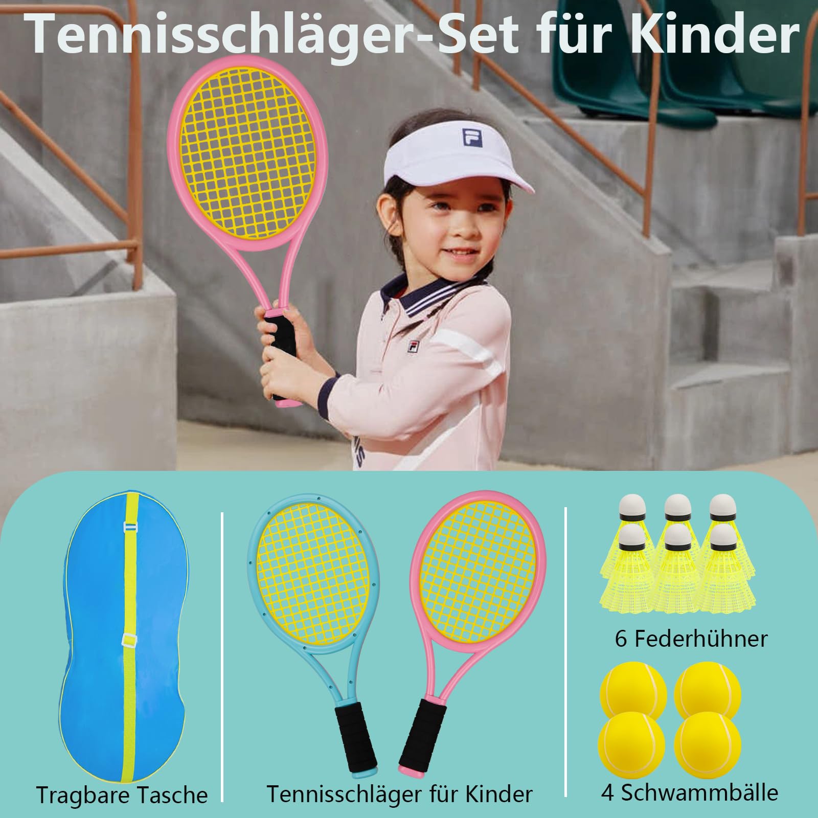 Set Raquette De Tennis Enfant + 4 Balles Souples + 6 Balles Badminton - Sac De Transport Inclus (Bleu) - 6