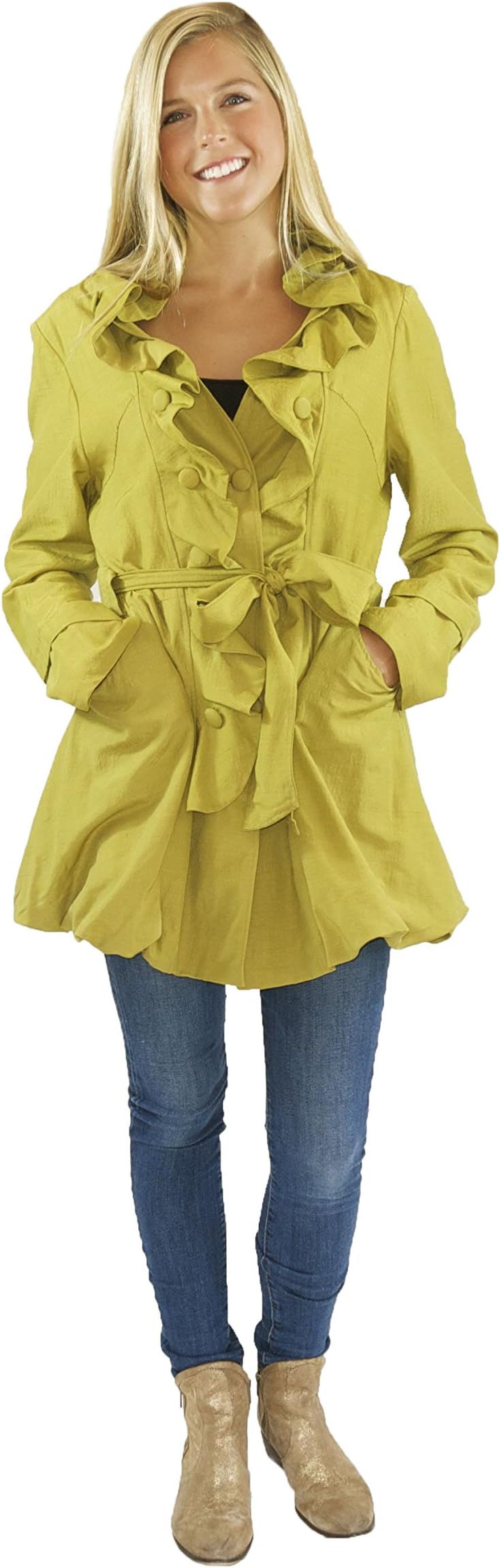 Womens Elegant Silk Front Ruffle Trench Coat- Assorted Colors