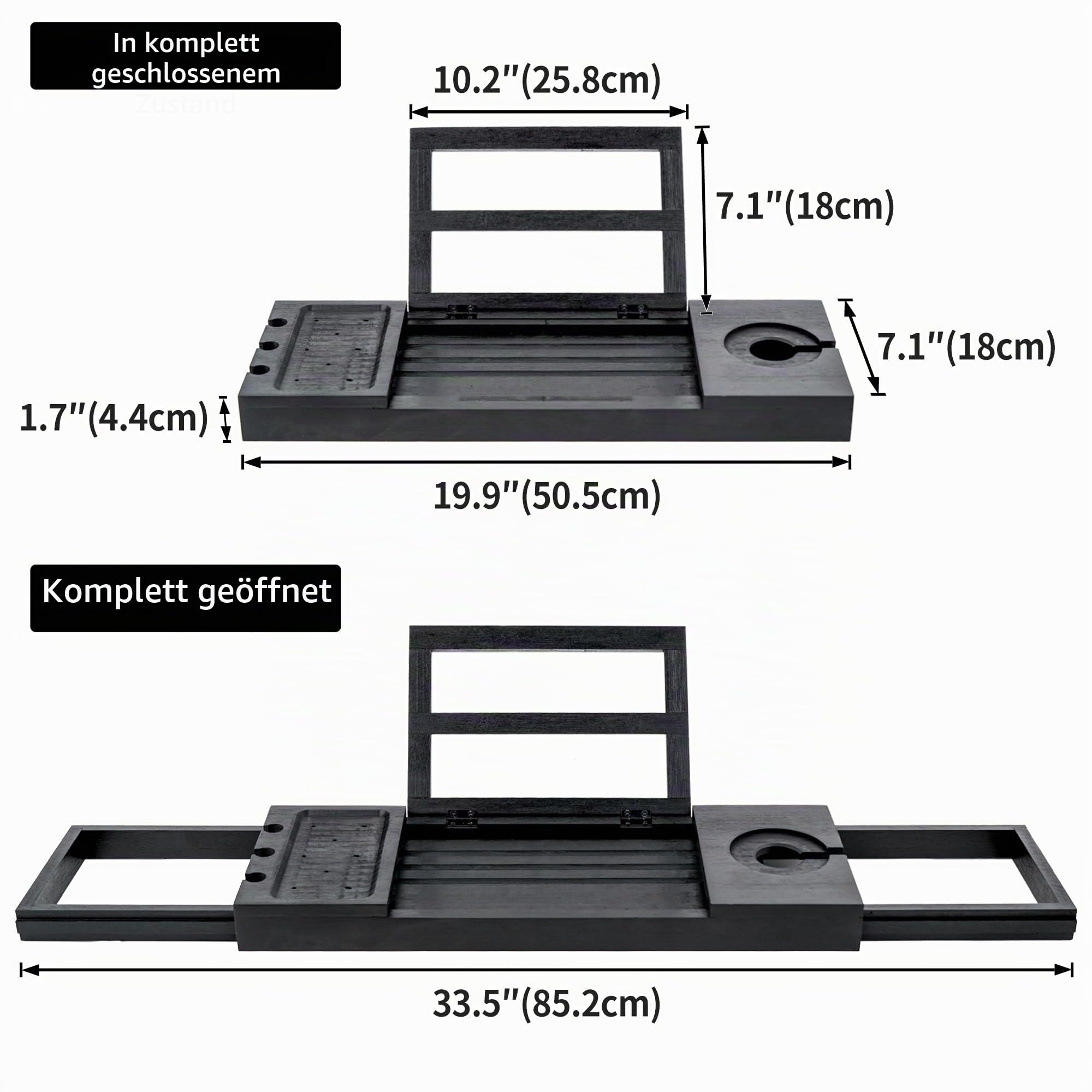 Utoplike Badewannentablett aus Bambus, verstellbar, für Badewanne, Schwarz | Badezimmer-Organizer mit Buch, Tablet, Weinglas, Tasse, Handtuchhalter