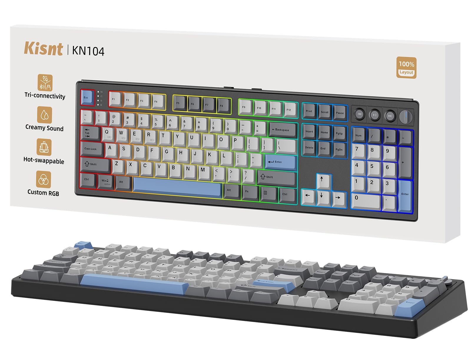 Wireless Mechanical Keyboard 104 Keys 100% Full Size with Number Pad, Creamy Sound, Hot Swapping, Multimedia Key and Keys Bluetooth/2.4GHz/USB-C-image-38