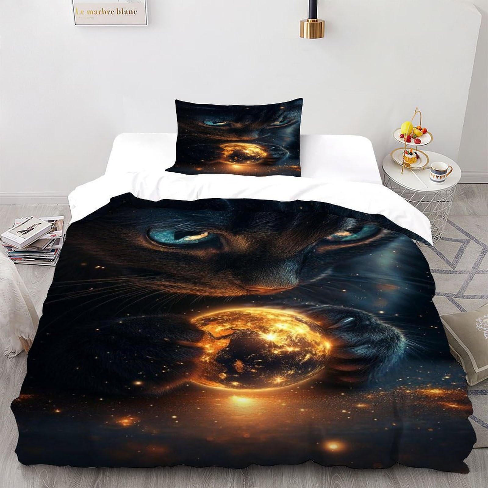 Housse de couette chat Katze Globus 135x200cm en microfibre avec taie d'oreiller