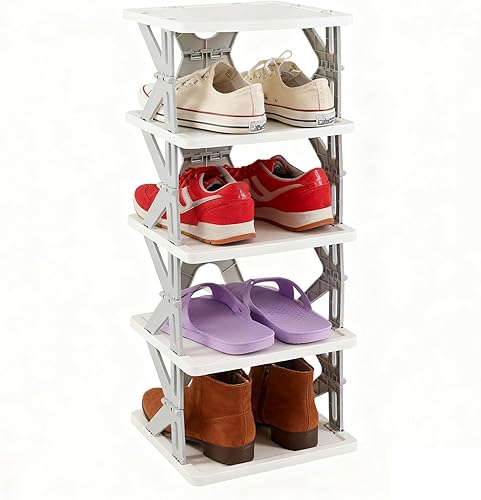 Estante de plástico plegable para zapatos de 5 niveles, estante de almacenamiento estrecho para espacios pequeños, gris
