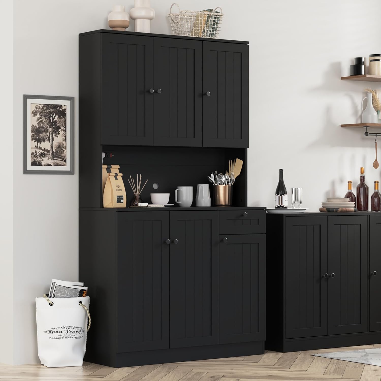 71" Pantry Cabinet with Charging Station, Tall Kitchen Pantry Storage Cabinet with Microwave Stand, Farmhouse Kitchen Hutch with Storage Drawer for Living Room, Dining Room, Black