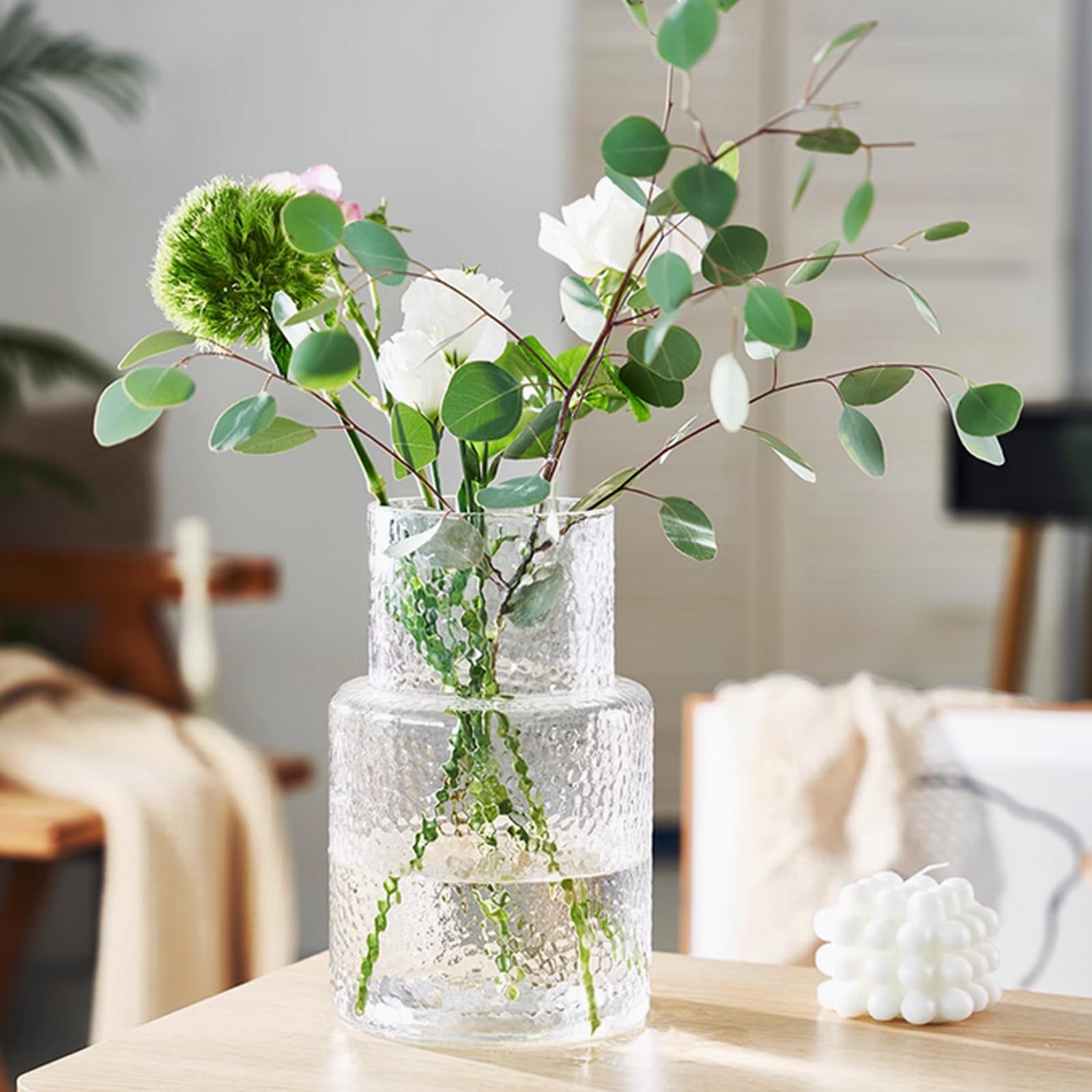 Ribbed glass Vase Fluted Flower, Innjoii Glass Clear Vases Modern Flower Vase Decorative with Big Capacity Large Vases Decor for Flowers Home Office Wedding, Living Room,Table,16cm(W)*26cm(H)