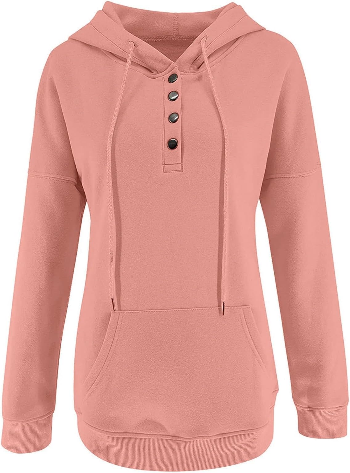 Women's Hoodie with Button Placket, Comfortable Plain Hooded Jacket with V-Neck and Front Pocket, Casual Warm Sweatshirt in Oversized Style for Everyday and Leisure