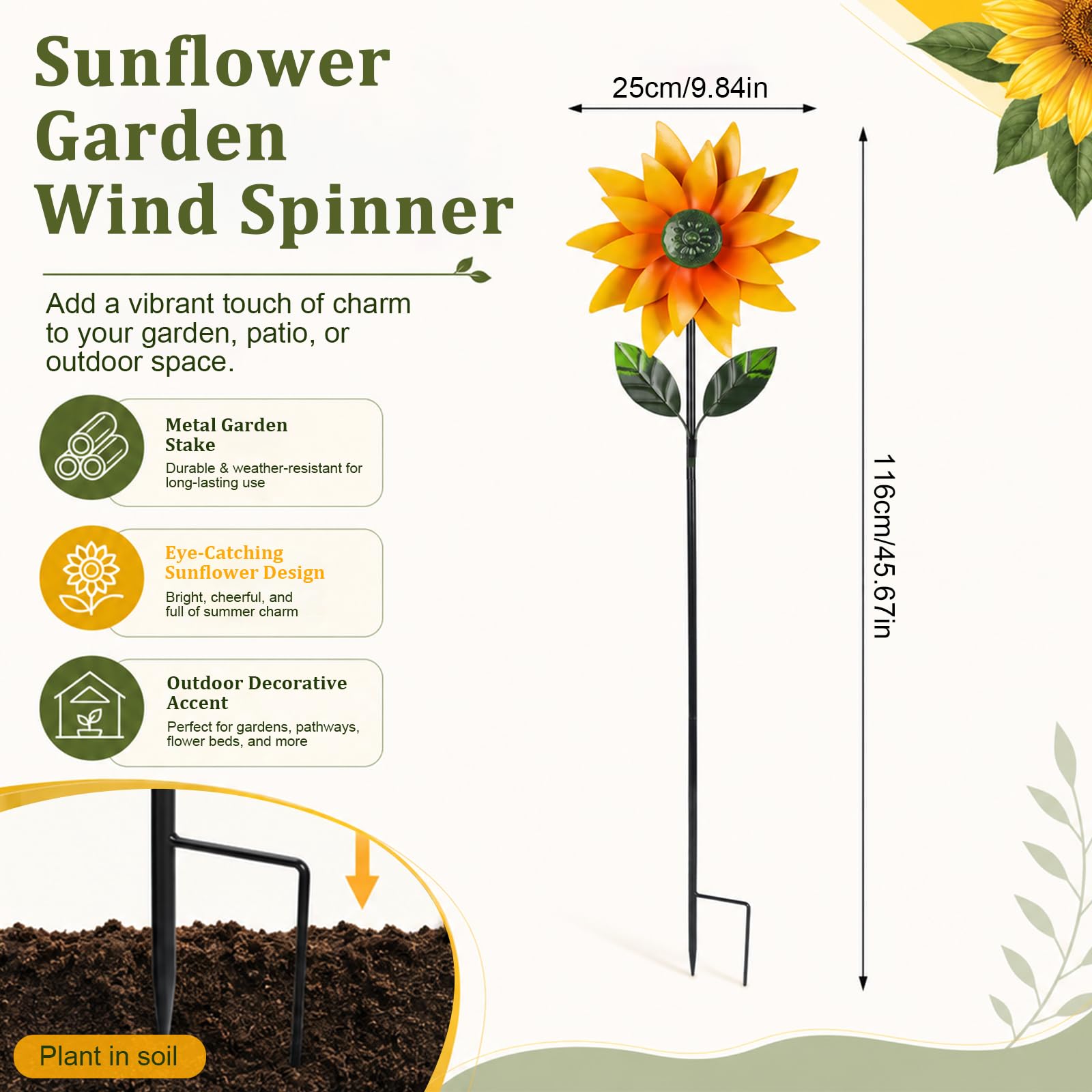 Girandola da Giardino in Metallo, Girandola 3D a Girasole Cinetica, Decorazione da Giardino con Picchetto, 116 cm, Mulino a Vento per Esterno, Prato, Balcone e Terrazza