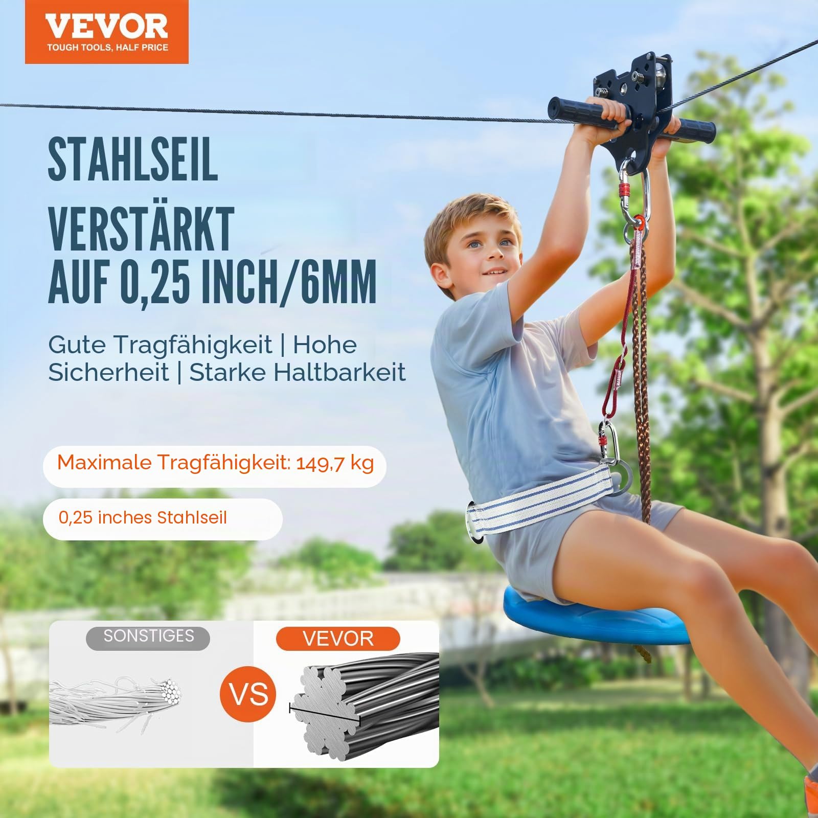 VEVOR Zipline Seilrutsche 30,48 m Seilbahn Kit bis 150 kg mit Federbremssystem für Garten