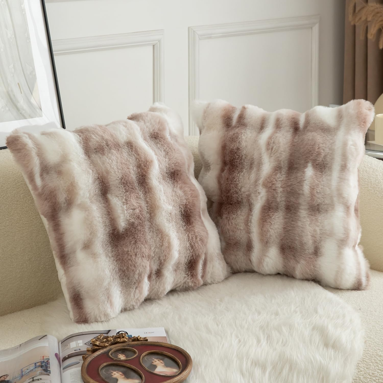 MANDIOO Pack of 2 Thick Plush Wool Decorative Throw Pillow Covers Super Soft Wave Bubble Fur Velvet Cushion Covers Pillow Shams for Couch Bed Living Room 20x20 Inch White Taupe