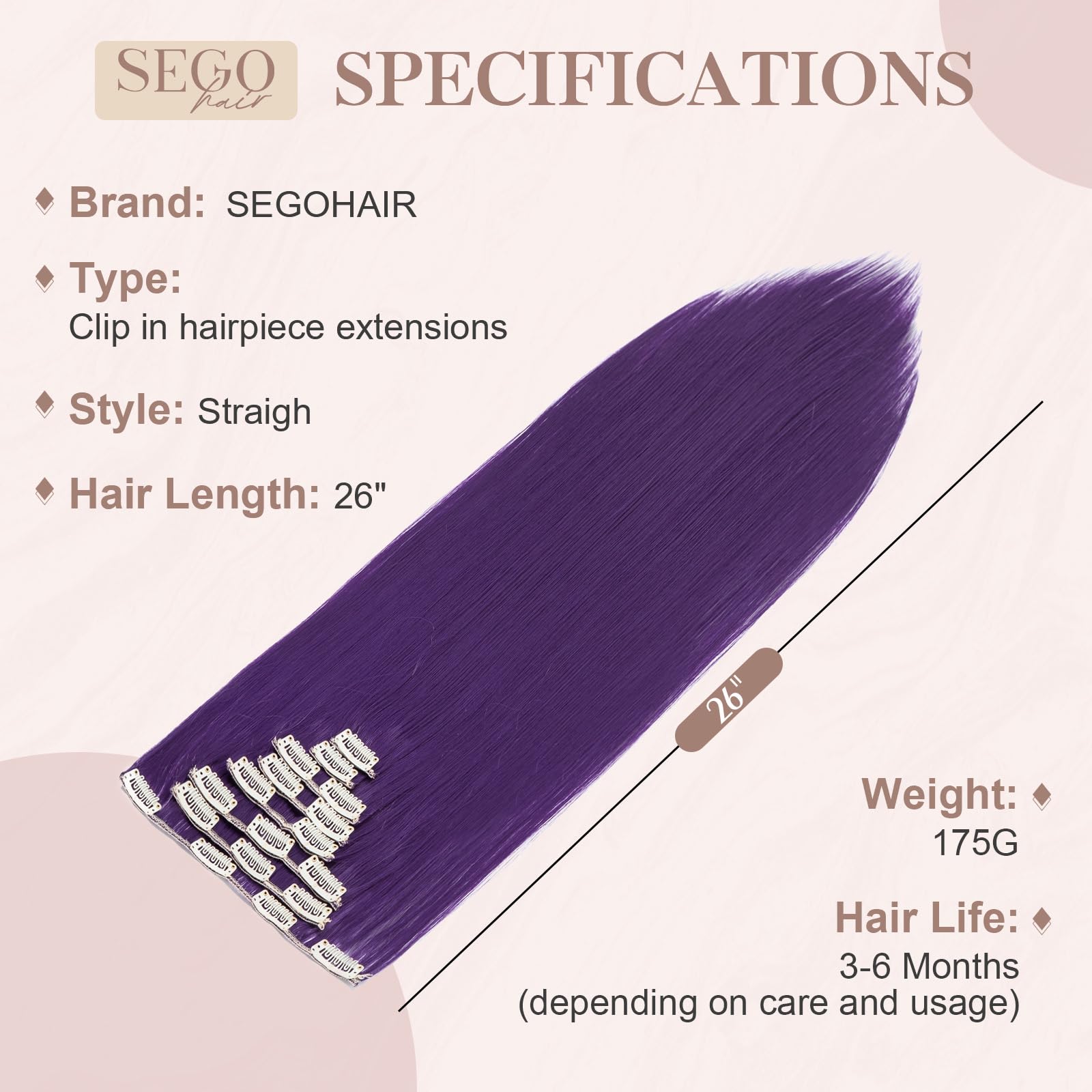 SEGOHAIR Hair Extensions Clip in 8Pcs 18 Clips Synthetic Fiber Seamless 26" Long Straight Full Head -Purple Blue - Image 3