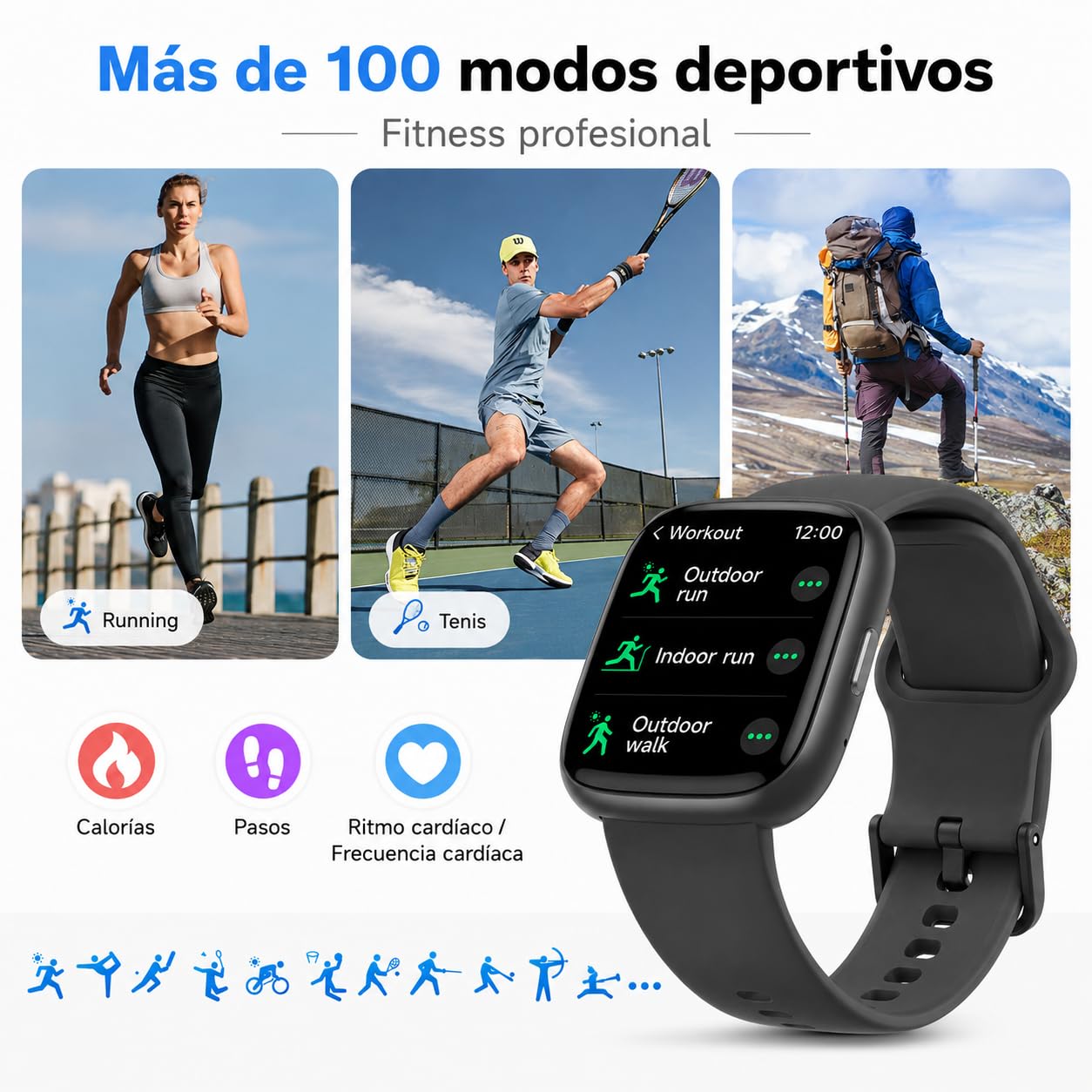 VRPEFIT - Smartwatch Hombre/Mujer, notificaciones Whatsapp, Pantalla táctil 1.8" HD, Llamadas Bluetooth, Ritmo cardíaco, SpO2, sueño, 100+ Modos Deportivos, IP68, Android/iOS