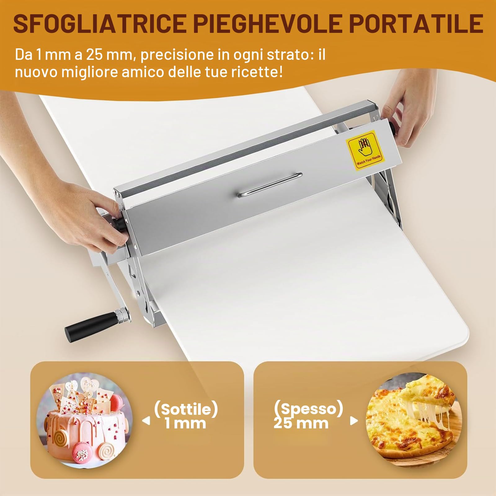 Sfogliatrice Pieghevole Portatile con Spessore Regolabile da 0 a 25 mm, Macchina per Sfoglia Commerciale per Croissant, Pizzerie e Panifici 60x30cm