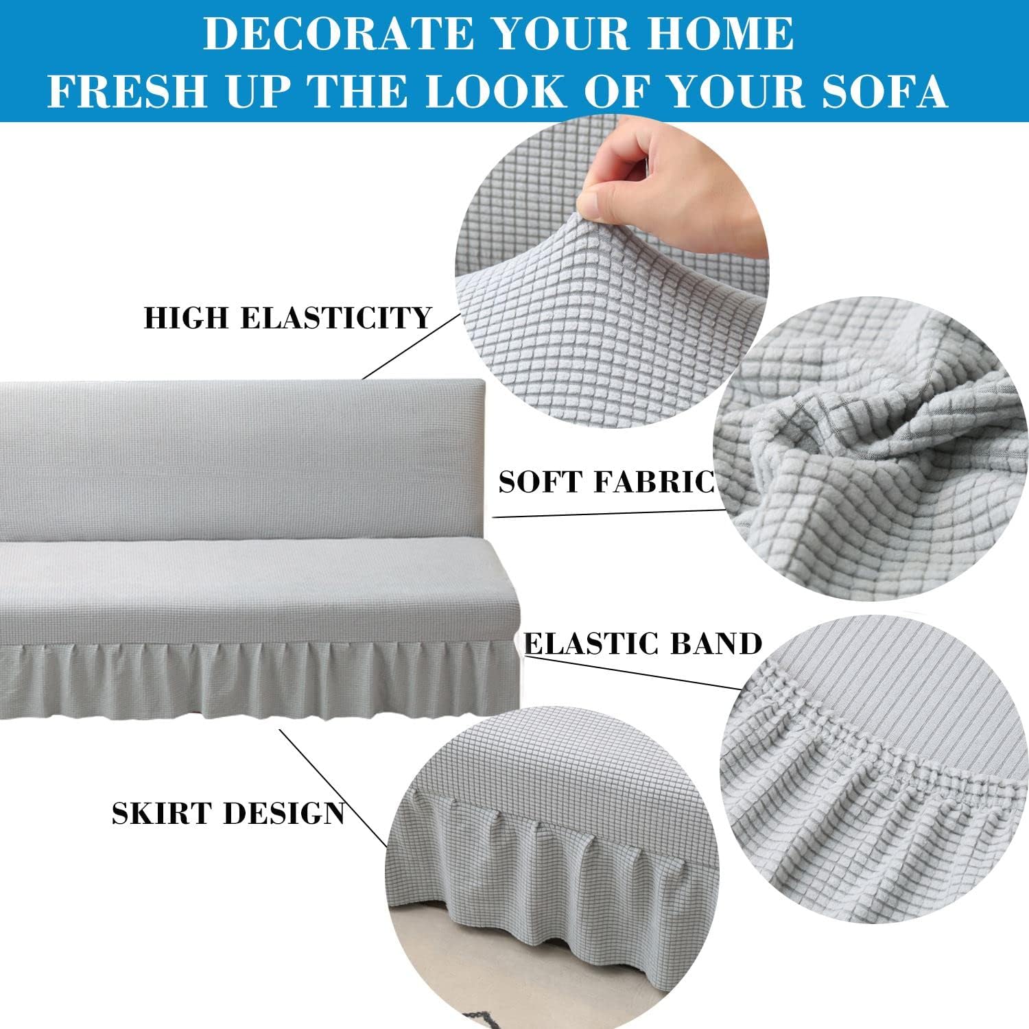HFCNMY Stretch Armless Futon Cover with Skirt, Knitted Jacquard, Light Grey, Modern Style, Machine Washable, Elastic Bottom, Checkered Pattern, Sofa Cover, Furniture Bed Protector
