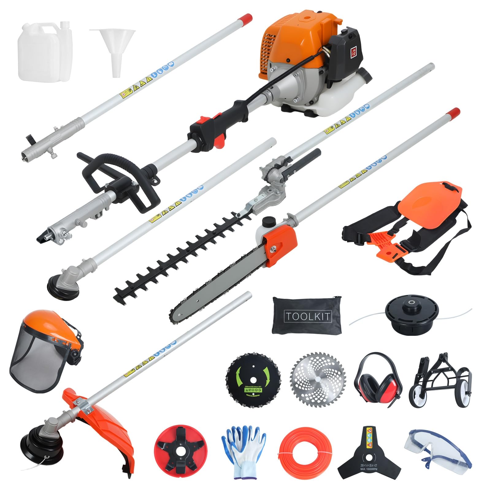 Desbrozadora de Gasolina Multifunción 8 en 1, 52cc 2 Tiempos, con Cortasetos, Podadora, Motosierra de Poda, Cabezal de Hilo, Discos, para Jardín, Césped, Maleza y Bordes de Patio Naranja