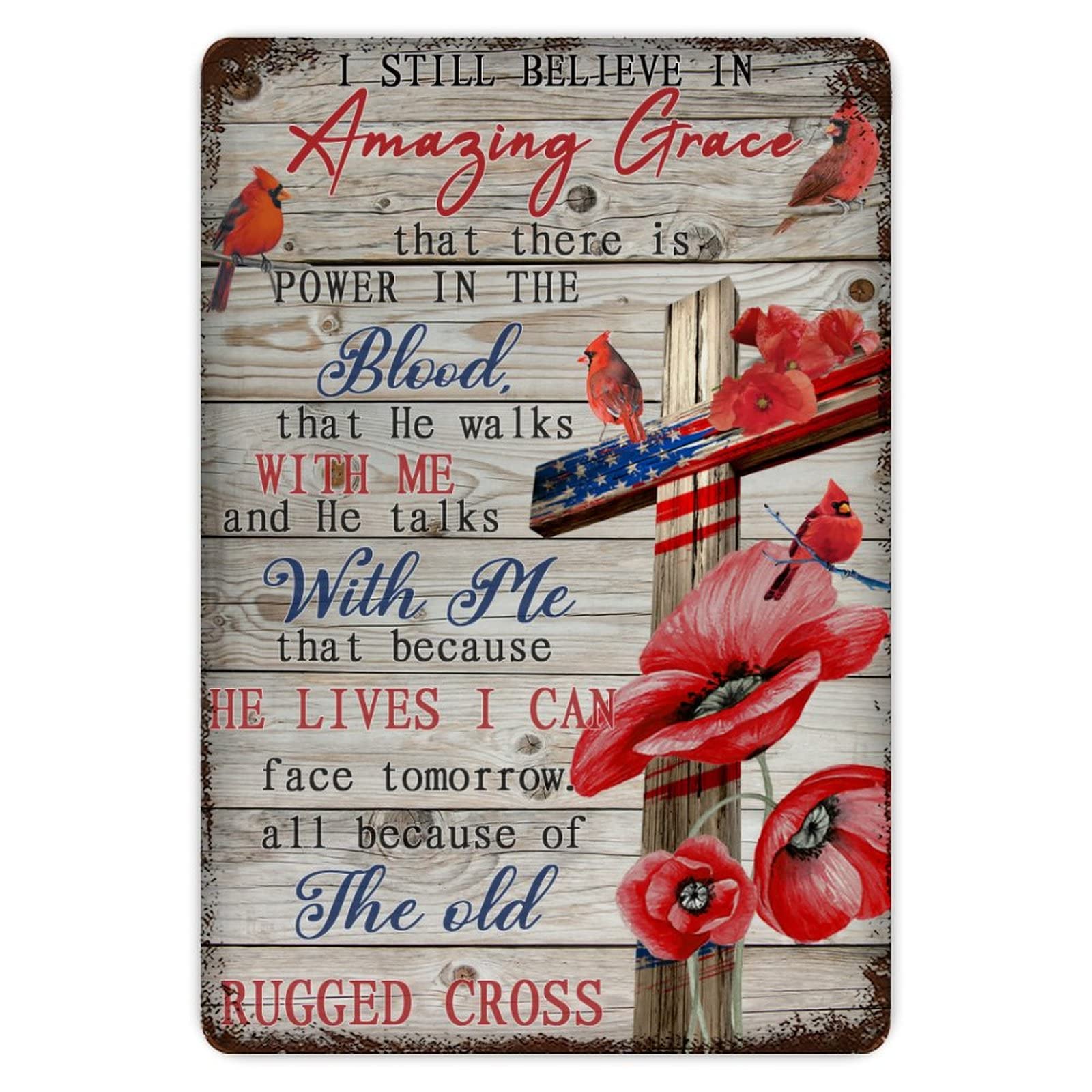 Rustic Aluminum Sign I Still Believe In Amazing Grace Cardinals Cross Christian Tin Metal Sign Retro Home Kitchen Room Wall Door Hanger Decor Sign 8x12 inch