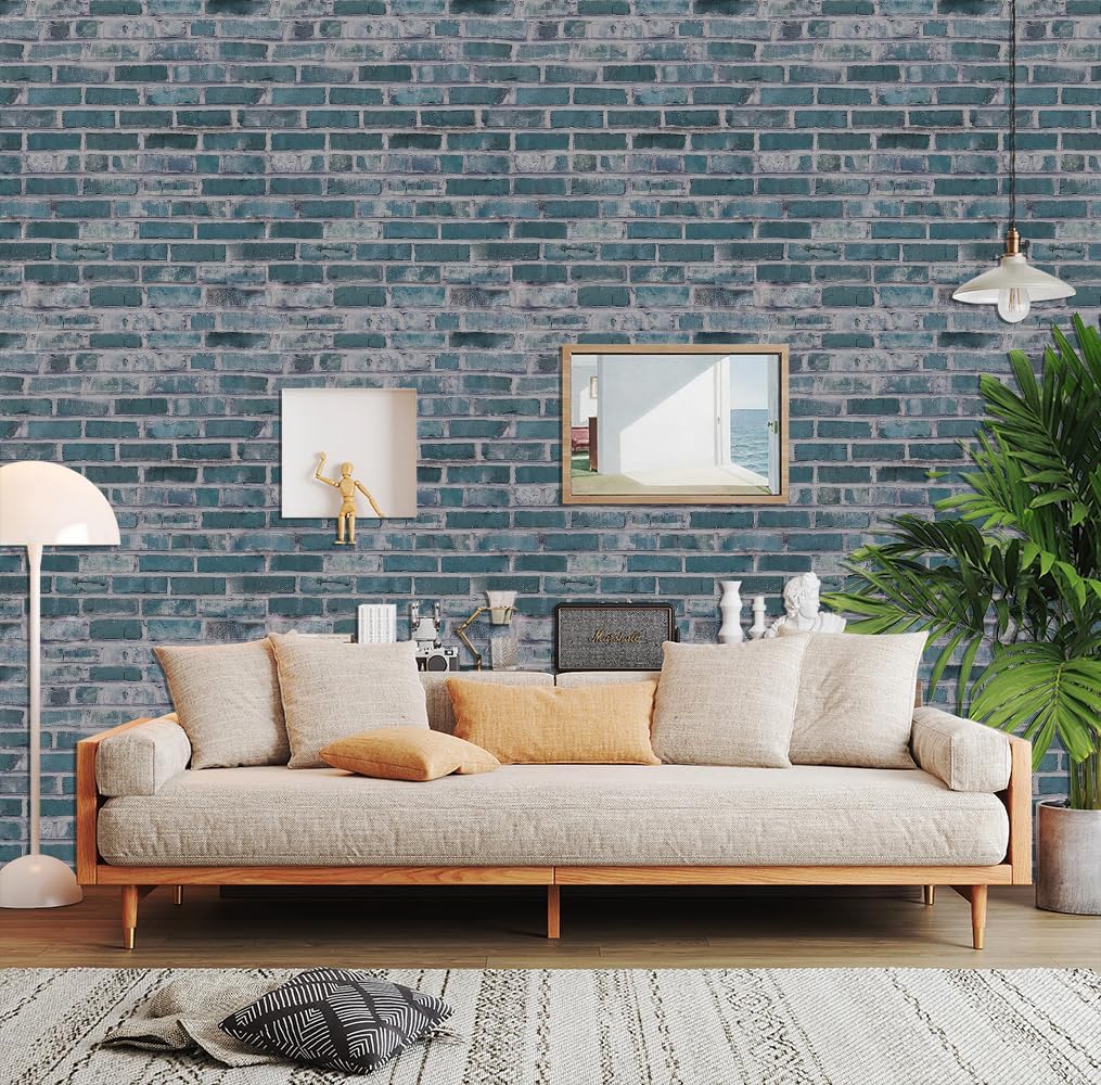 RANRAN Vintage Brick Peel and Stick Wallpaper, Teal Blue, 44 cm x 600 cm, for Bedroom Furniture Paper Removable Wall Decorations 17.3in x 236in