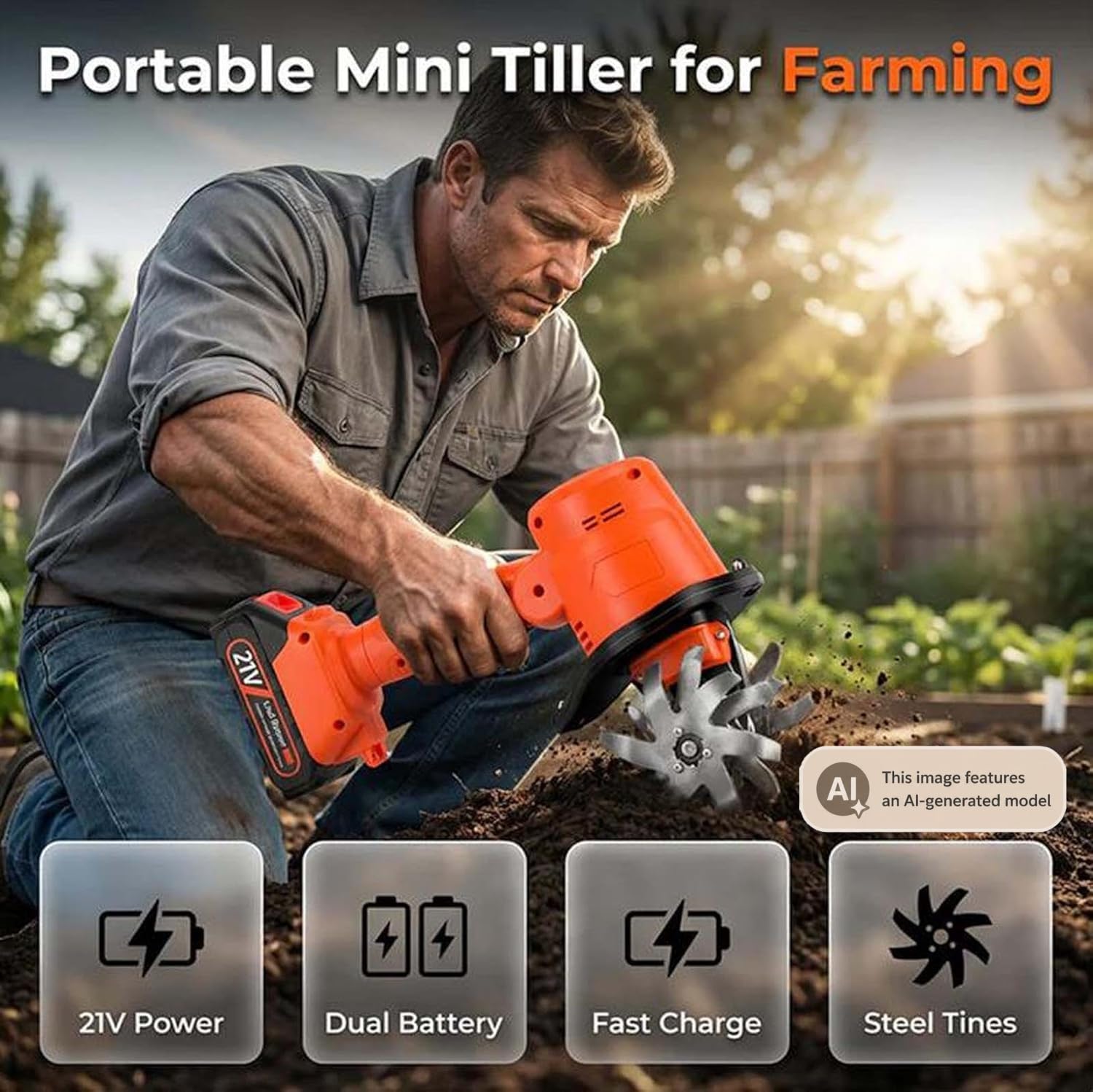 Cultivador eléctrico inalámbrico 21V, 235 RPM, Ancho y Profundidad de Trabajo 10 cm, con 2 baterías, Herramienta portátil Ligera para aflojar la Tierra del jardín y Eliminar Malas Hierbas
