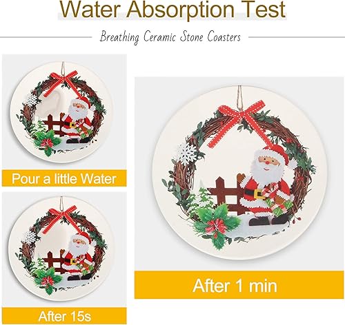 Miniatura 2 de Juego de 6 posavasos de cerámica para Navidad con soporte, ideal para regalo, posavasos redondos de Papá Noel, juego de posavasos de mesa vintage