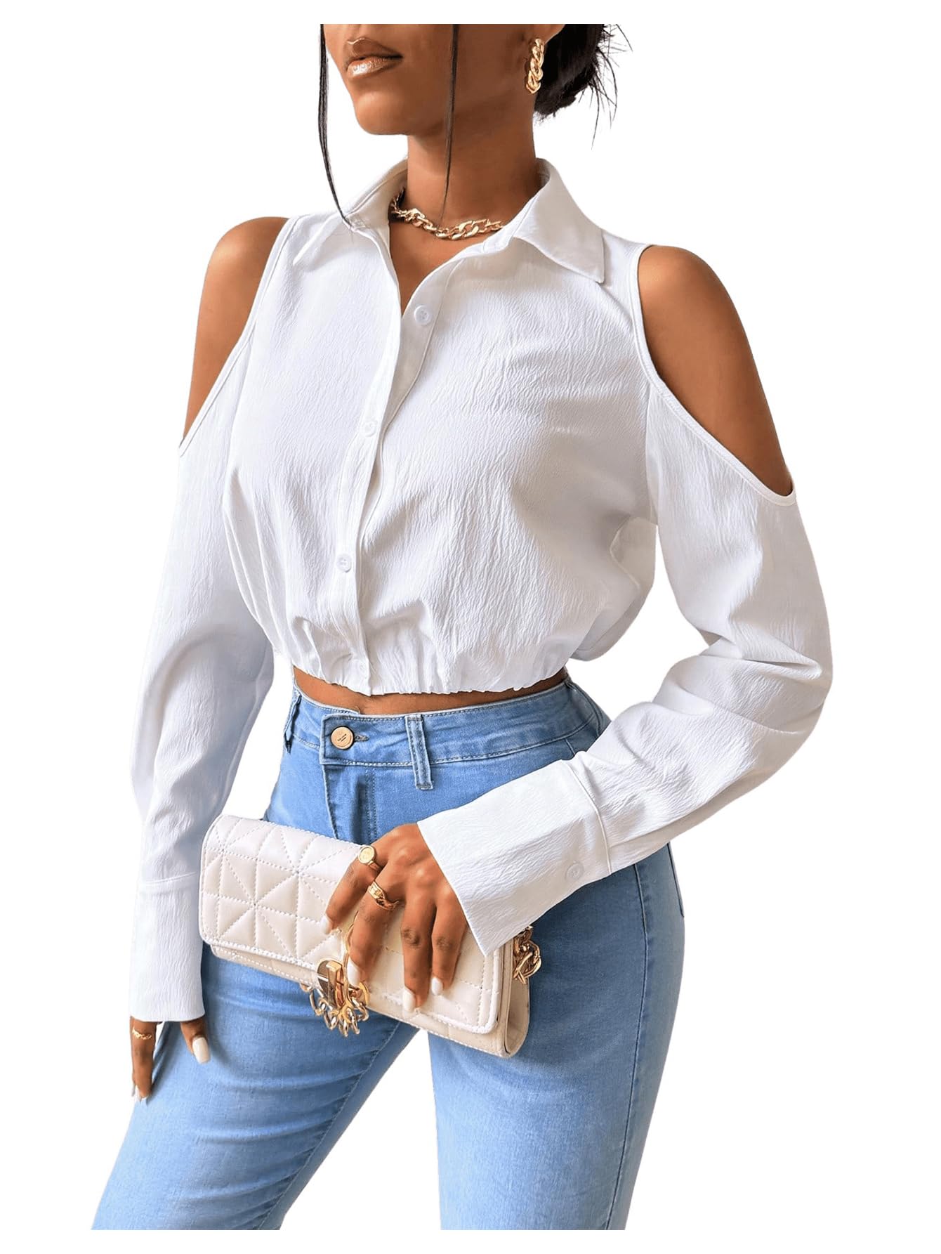 SweatyRocks Women's Cold Shoulder Long Sleeve Button Down Collared Cropped Blouses