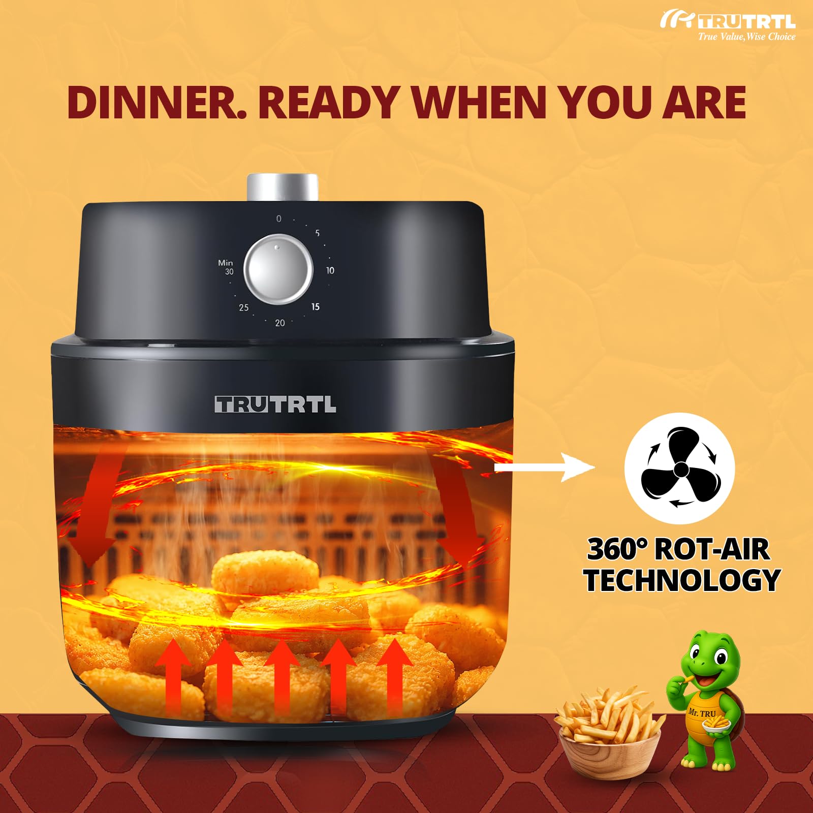 Mr. TRU Manual Air Fryer for Home | Actual 4.5 Liter | 1400 Watt | 1 Year Warranty | Uses 90% less Oil | Time & Temp Control Knobs | Glossy Black 2
